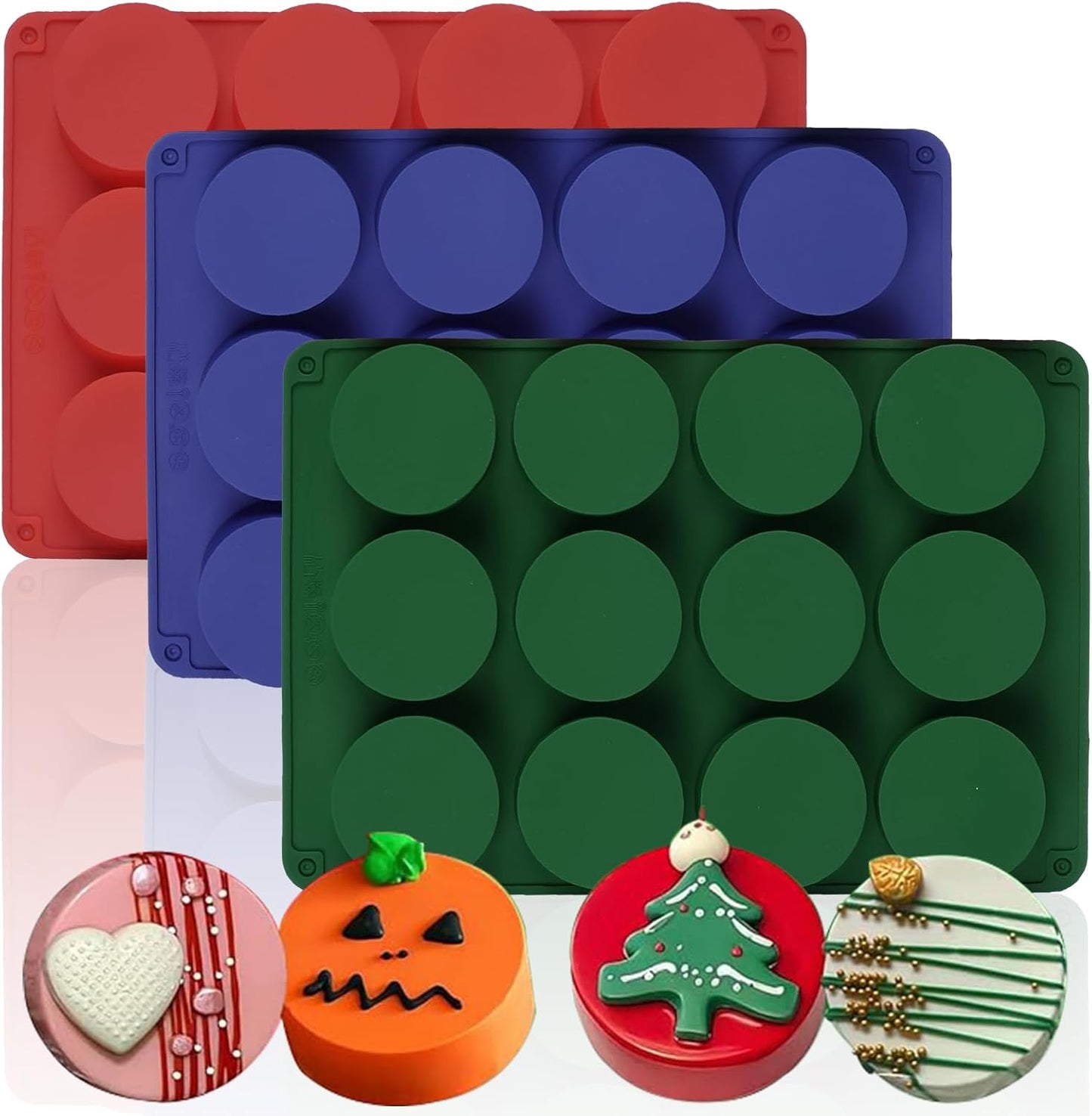 Round Chocolate Cookie Silicone Molds, New Size 12-Cavity Cylinder Chocolate Cover Cookie Silicone Molds for Candy Mini Cakes Jelly Baking (Green Red Blue)