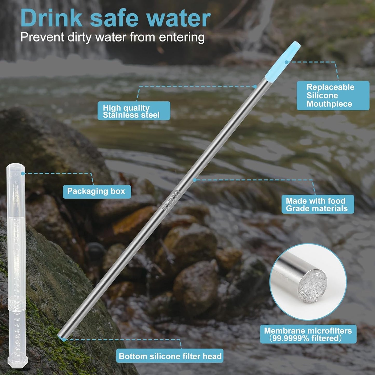 Personal Water Filter Straw, Reusable Stainless Steel Water Filter Drinking Straw Portable Outdoor Emergency Survival Gear for Hiking, Camping, Travel, Hunting & Fishing (Small)