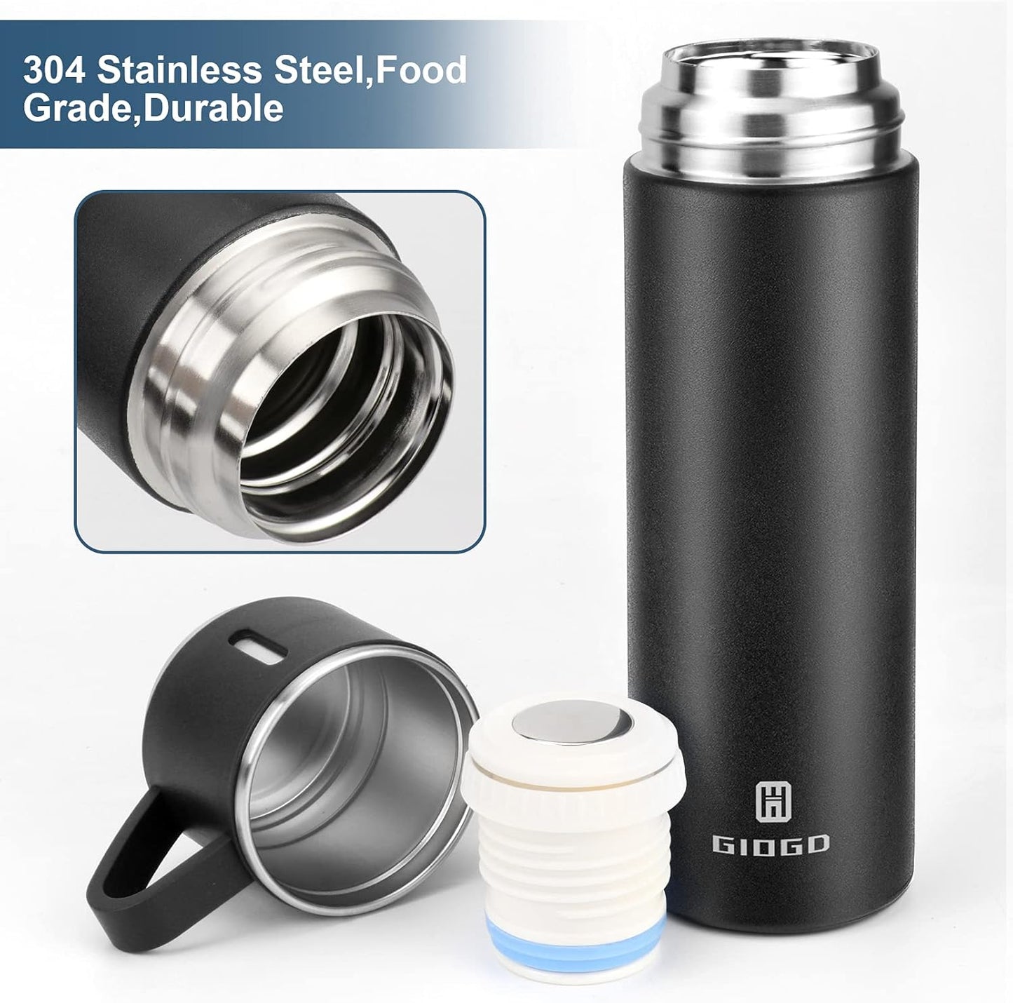 Stainless Steel Thermo 500ml/16.9oz Vacuum Insulated Bottle with Cup for Coffee Hot drink and Cold drink water flask.(Black,Set)