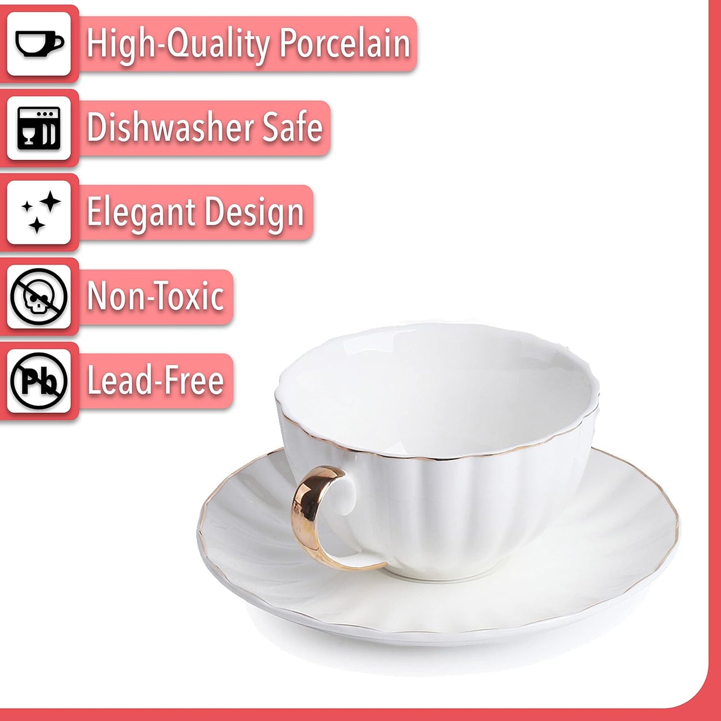BTaT- White Tea Cups and Saucers Set of 6 (7 oz), Porcelain White Tea Cup Set with Golden Trim Design, Dishwasher Safe