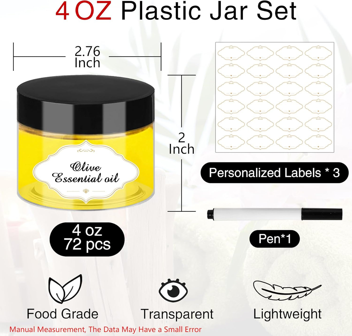 Plastic Jars with Lids, 4 OZ Slime Containers 72 Pcs Empty Clear Plastic Jars Refillable Plastic Cosmetic Containers with Screw On Lids for Kitchen Use Lotions & Beauty Products