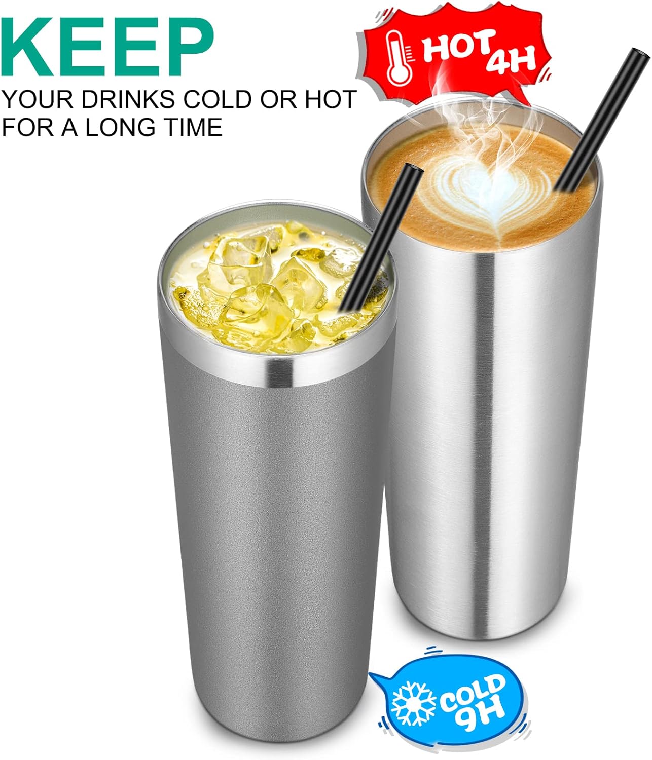 VEGOND Stainless Steel Tumblers Bulk 6 Pack, 20 oz Vacuum Insulated Skinny Tumblers with Lid and Straw, Double Wall Coffee Mug, Travel Water Cup