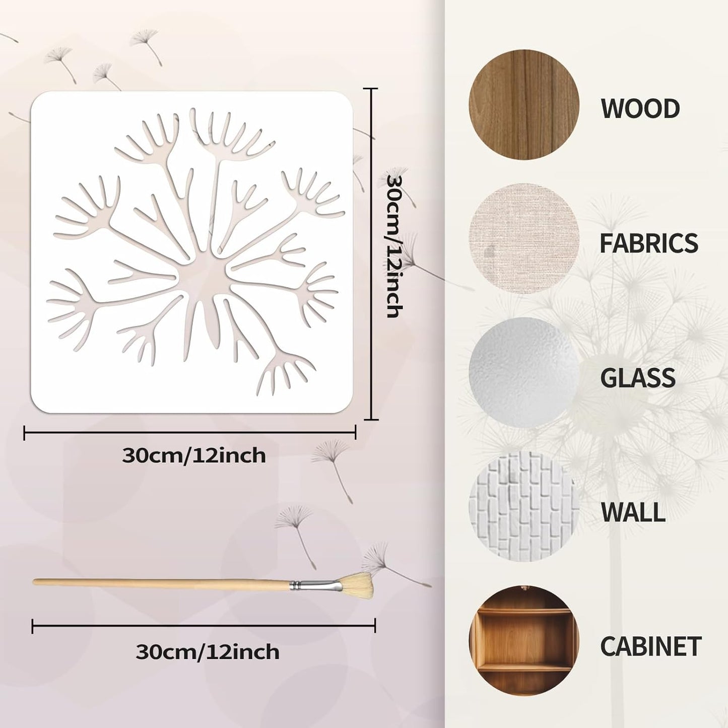 12PCS Large Flower Stencils for Painting 12 x 12 Inch Dandelion Stencil with Brushes Dandelion Floral Stencils for Wood Fence Butterfly Paint Template for Walls Garden Fence Furniture