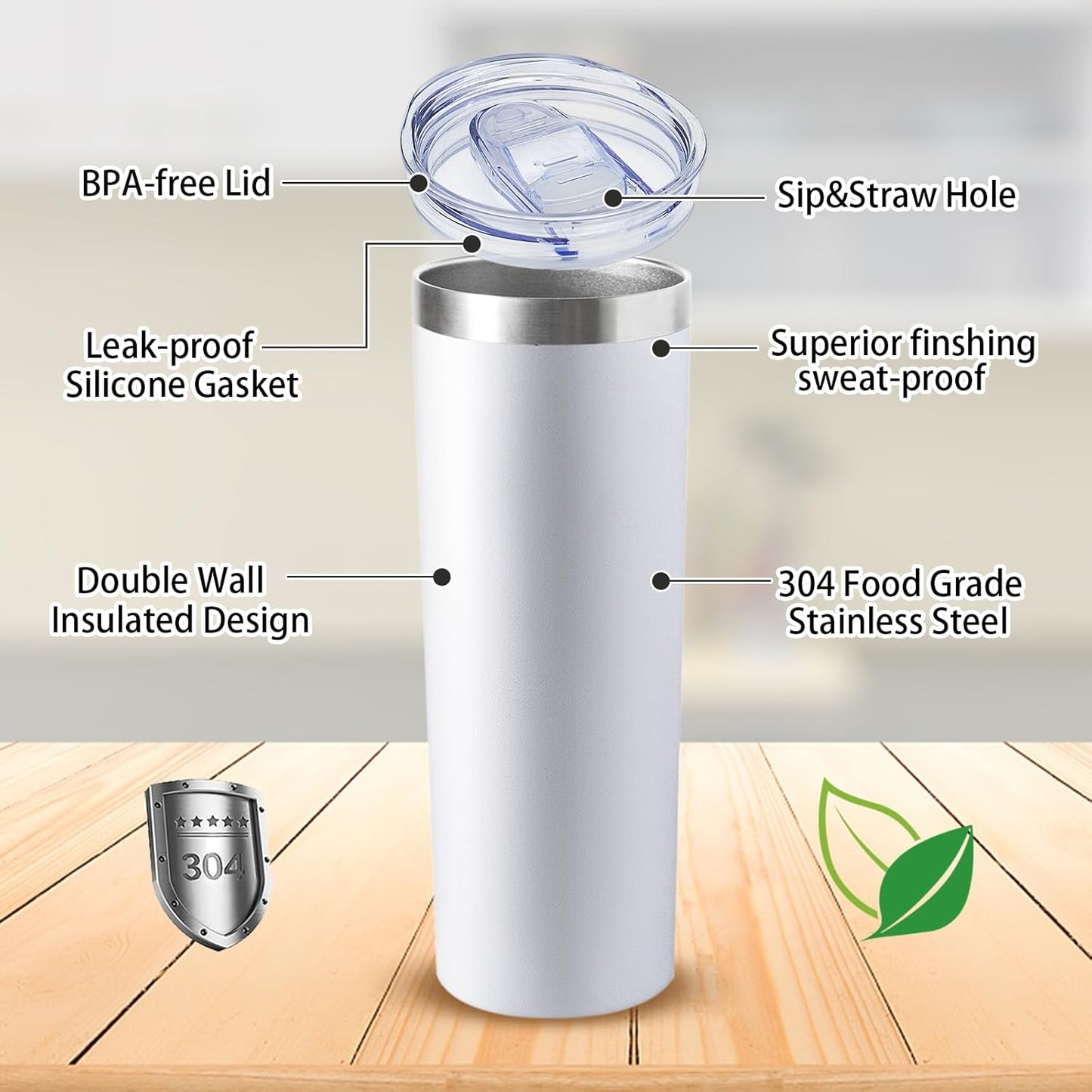 20 oz Skinny Tumblers with Lid and Straw,Stainless Steel Vacuum Insulated Tumbler Cup Double Wall Travel Coffee Mug, Thermal Water Tumbler for Hot and Cold Drinks(White,8)