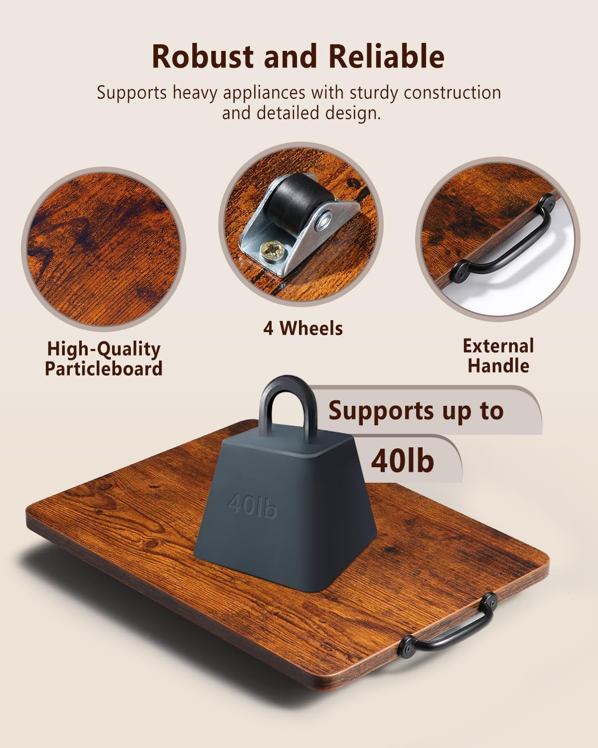 Appliance Slider, Sliding Tray for Coffee Maker, Coffee Pot Slider for Countertop, Kitchen Appliance Rolling Tray with Rubber Wheels (Rustic Brown, Large - Long (12.5” x 16”))