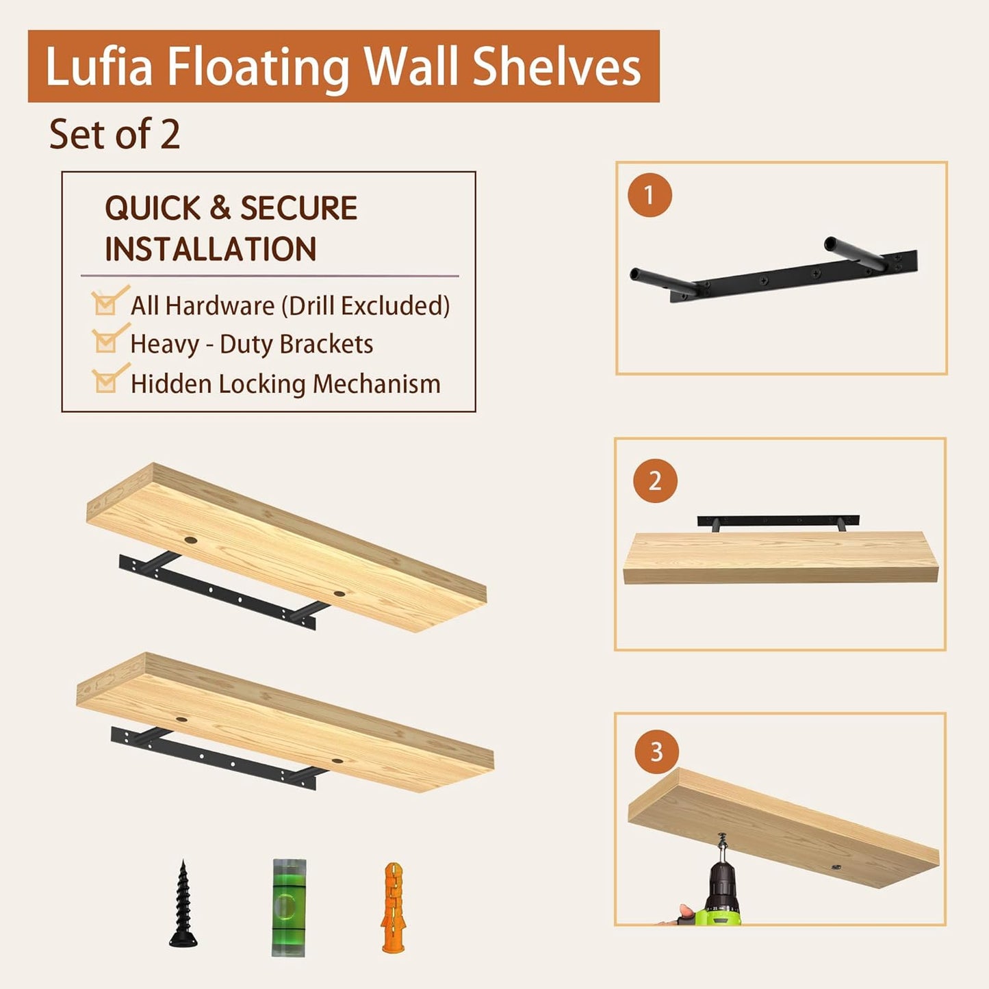 Lufia Floating Wall Shelves, Set of 2, MDF with Invisible Brackets, Modern Storage for Bedroom, Bathroom, Living Room, Kitchen (Oak, 28" W X 7" D X 1.5" H)