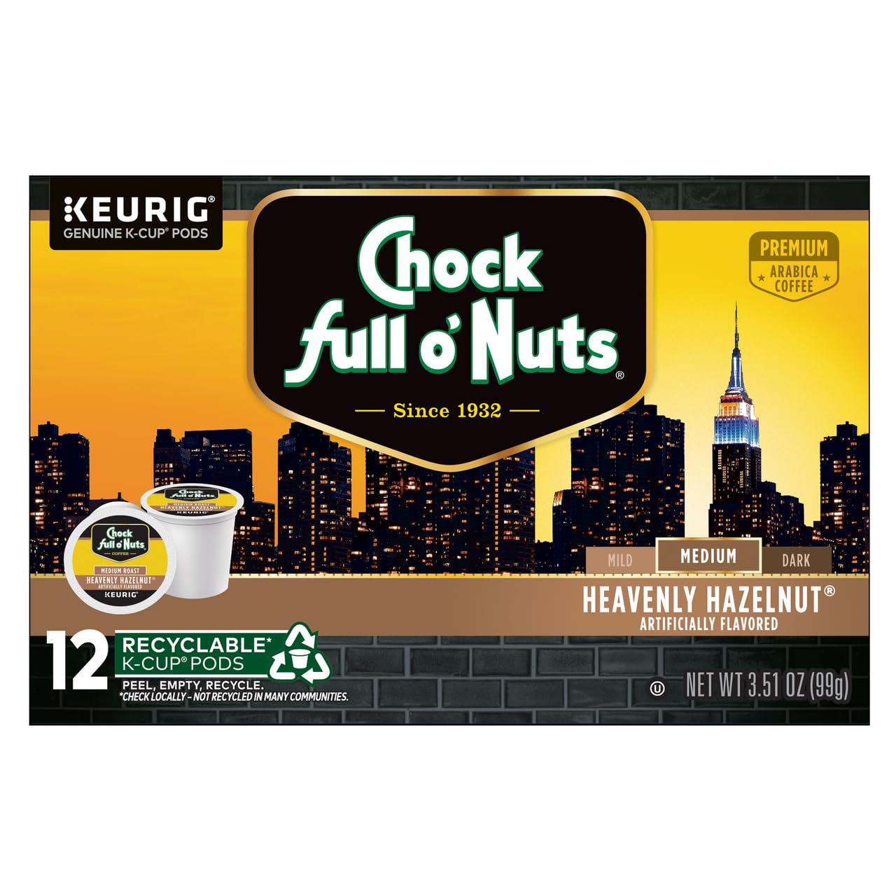 Chock Full o'Nuts Heavenly Hazelnut Coffee, Compatible with K-Cup Pods, 12 CT (Pack of 3)