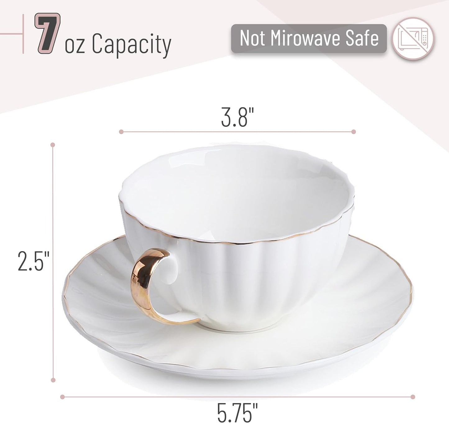 BTaT- White Tea Cups and Saucers Set of 12 (7 oz), Porcelain White Tea Cup Set of 12 with Golden Trim Design, Dishwasher Safe