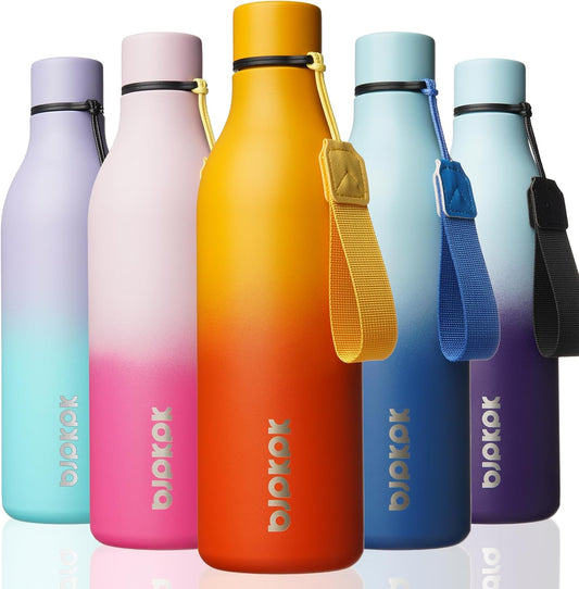 BJPKPK Insulated Water Bottles, 25 oz Stainless Steel Metal Water Bottle with Strap, BPA Free Leak Proof Thermos, Mugs, Flasks, Reusable Water Bottle for Sports & Travel, Sunset Orange