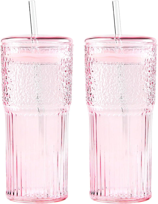GOSCHE Glass Coffee Cups with Lids and Straws, 20oz Drinking Jar Glass Tumbler for Iced Coffee, Vintage Ripple Glassware Smoothie Cups, Pink, 2Pcs