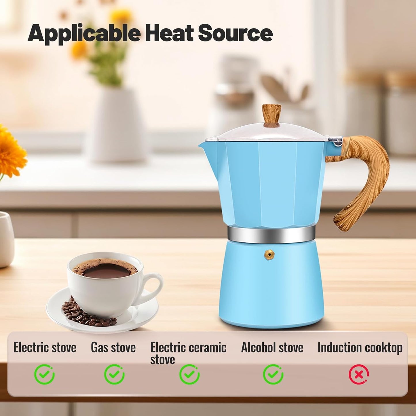 9 Cup Aluminum Moka Pot Classic Stovetop Espresso Coffee Maker 450ml 15oz Coffeemaker Percolator Mocha Pot Greca Coffee Maker Cafe Makers for Italian and Cuban Café Brewing Blue