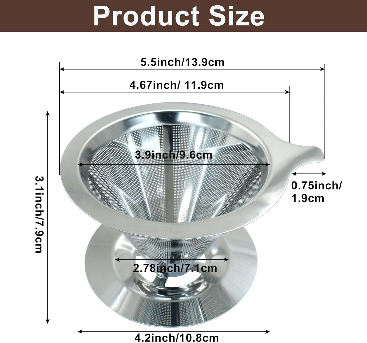 Waziaqoc Pour Over Coffee Dripper, Slow Drip Paperless Coffee Filter, Stainless Steel Pour Over Coffee Maker for 1-2 Cups Brew, Double Mesh Design of Manual Reusable Cone Filter