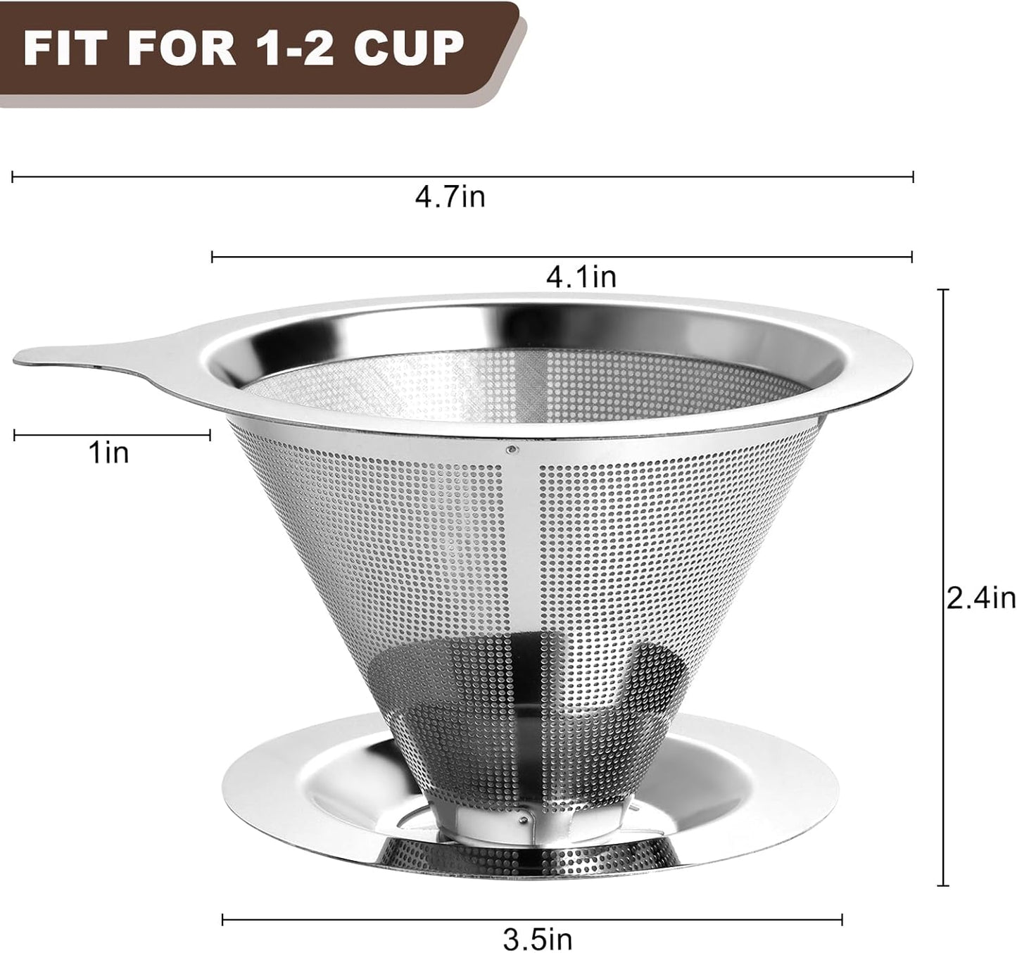 Upgraded Pour Over Coffee Filter, Coffee Dripper, Paperless Mess Stainless Steel Coffee Filter, Maker One to Two Cup Coffee, Easy to Use and Clean (Middle(1-2CUPS))