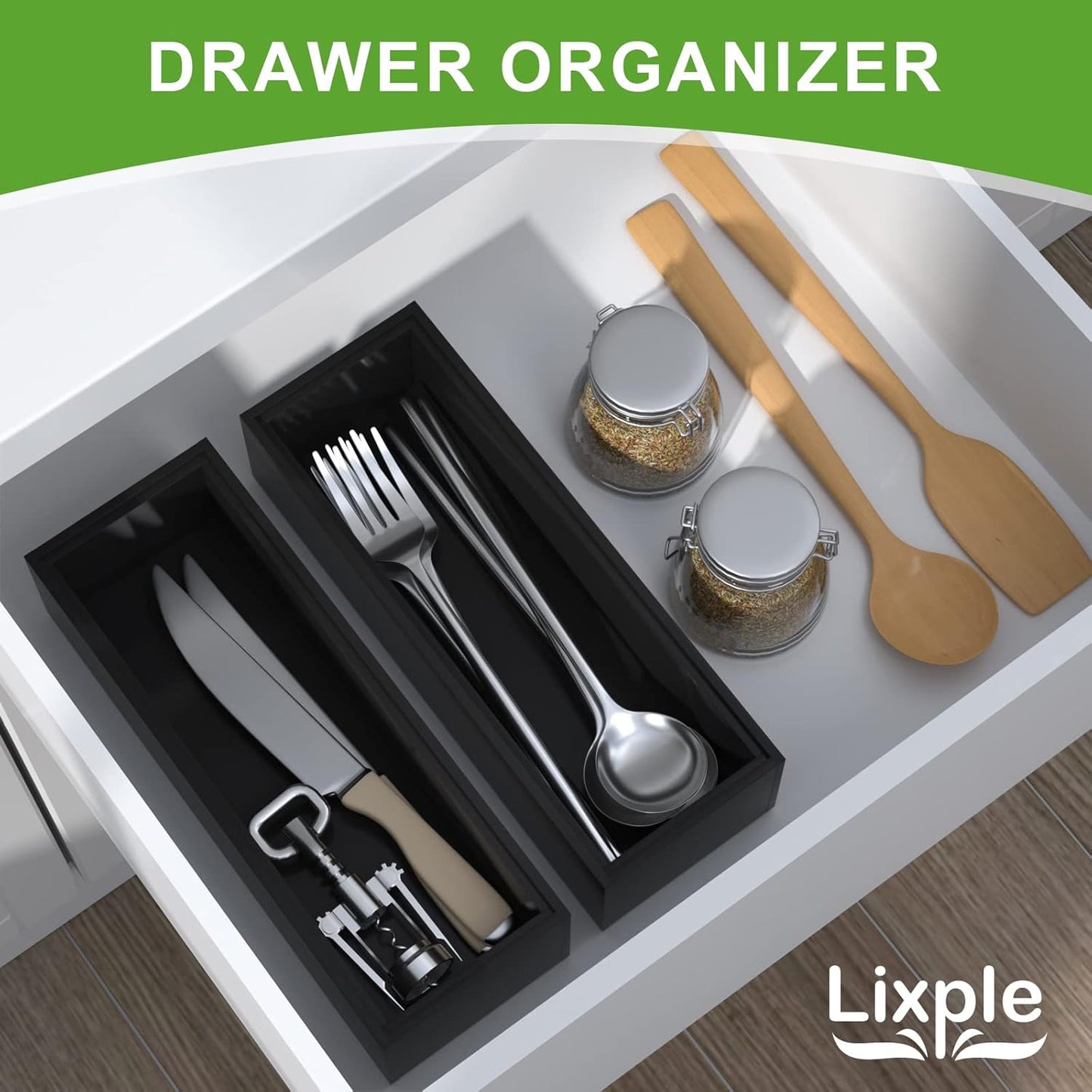 Premium Bamboo Kitchen Drawer Organizer - Set of 2, Stackable Utensils Holder, Storage Box Tray for Kitchen Drawers, Cabinet, Utensil, Silverware, Spatula, Flatware or Makeup, Vanity, Bathroom(Black)