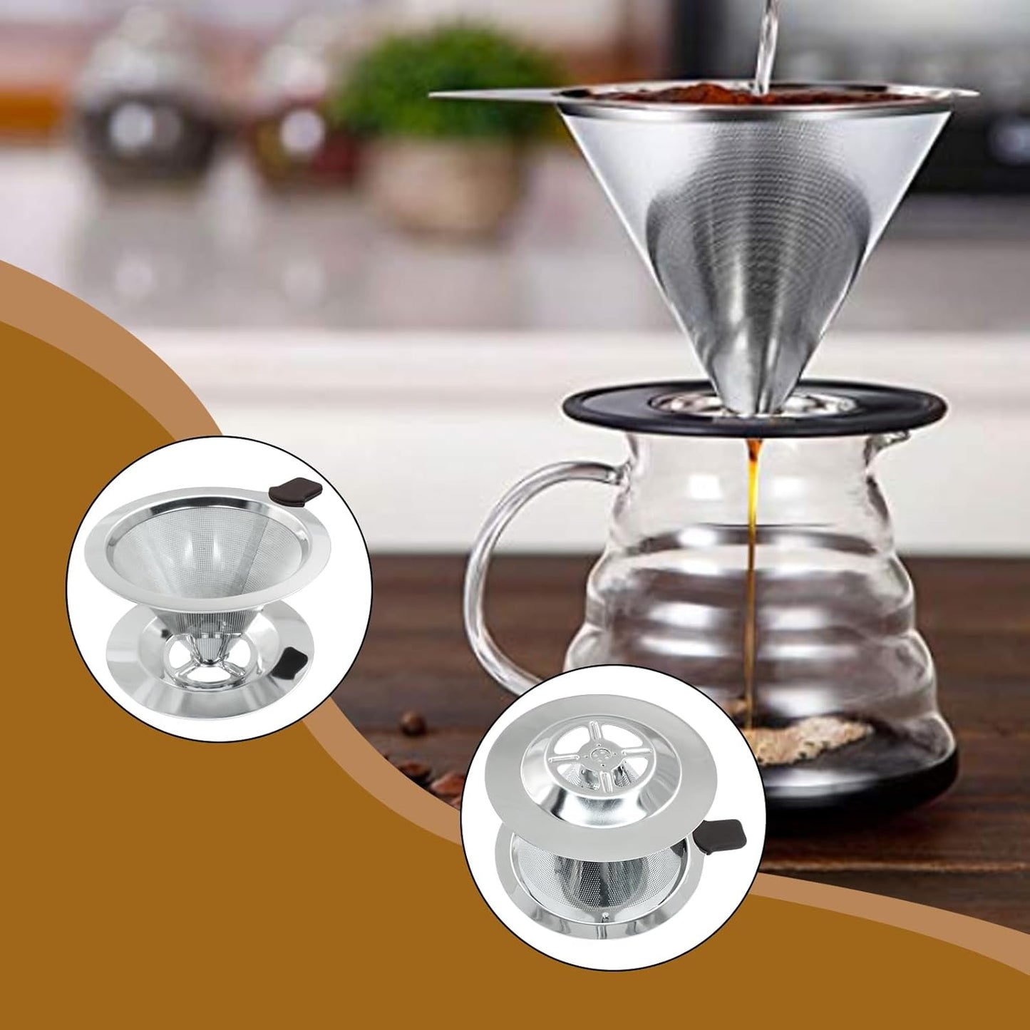 Waziaqoc Pour Over Coffee Dripper, Reusable Paperless Coffee Filter for 1-2 Cups, Stainless Steel Drip Cone Brew Coffee Strainer,Upgraded Double Micro Mesh Filter with Cup Stand