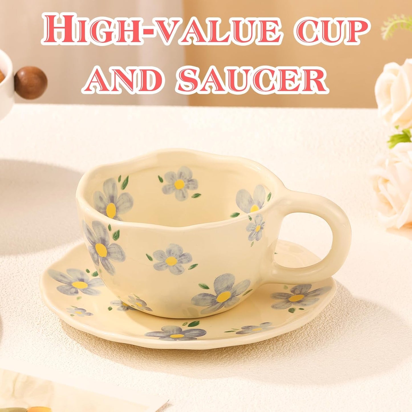 Cappuccino Cups with Saucers 8 oz Latte Art Cup Ceramics Coffee Mugs Irregular Aesthetic Flower Cups for Espresso, Double Shot, Americano, Latte, Tea - Microwave and Dishwasher Safe (Blue Flowers)