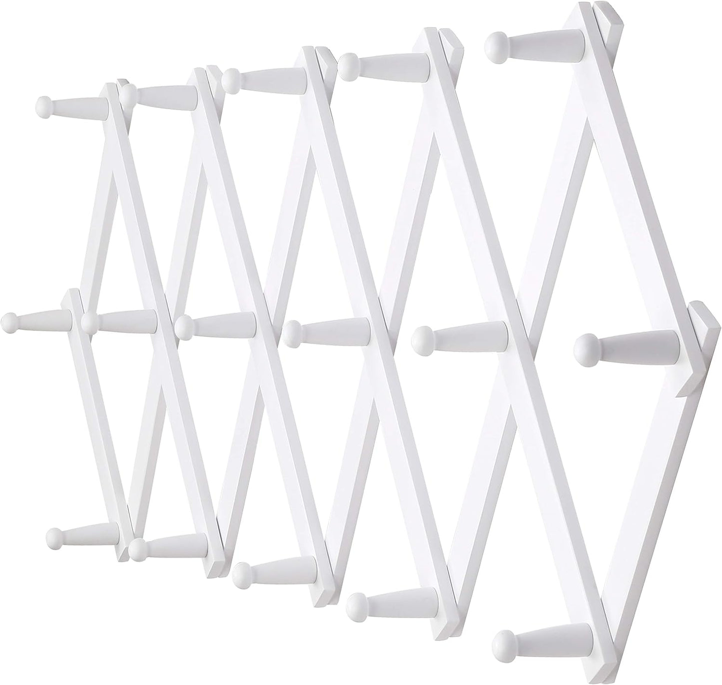 Dseap Accordian Wall Hanger: 16” High Wooden Wall Expandable Coat Rack, Hat Rack Holder, Accordion Hook for Baseball Caps, Coats, Mugs, 16 Peg Hooks, White