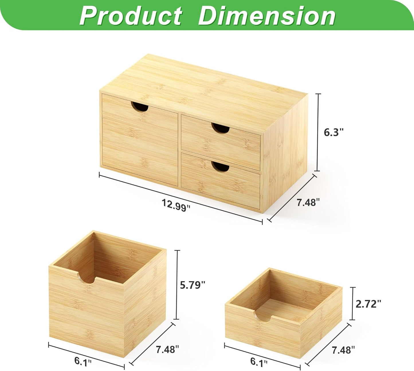 Bamboo Desk Organizer with Drawers - Small Desktop Countertop Mini Tabletop Storage Container - No Assembly Required