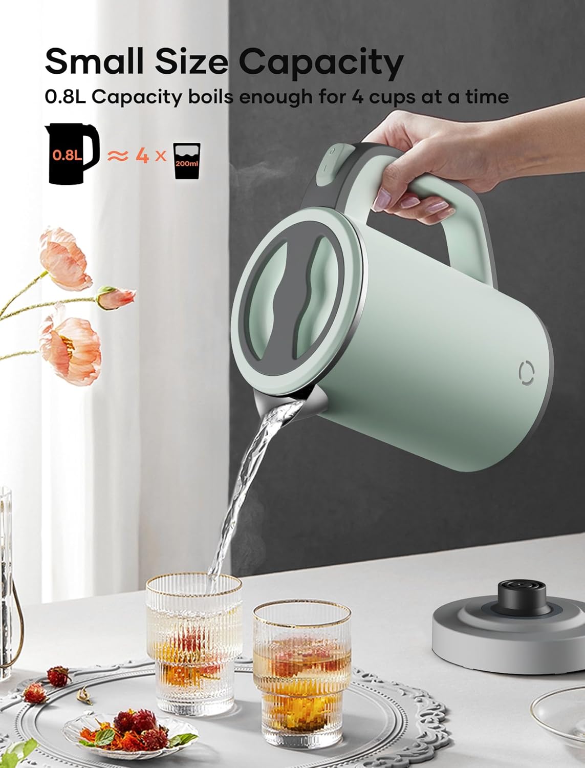 Sekaer Small Electric Tea Kettle Stainless Steel 0.8L Portable Travel Hot Water Boiler, Mini Electric Coffee Kettle with Auto Shut-Off & Boil Dry Protection, Cordless Base & Green