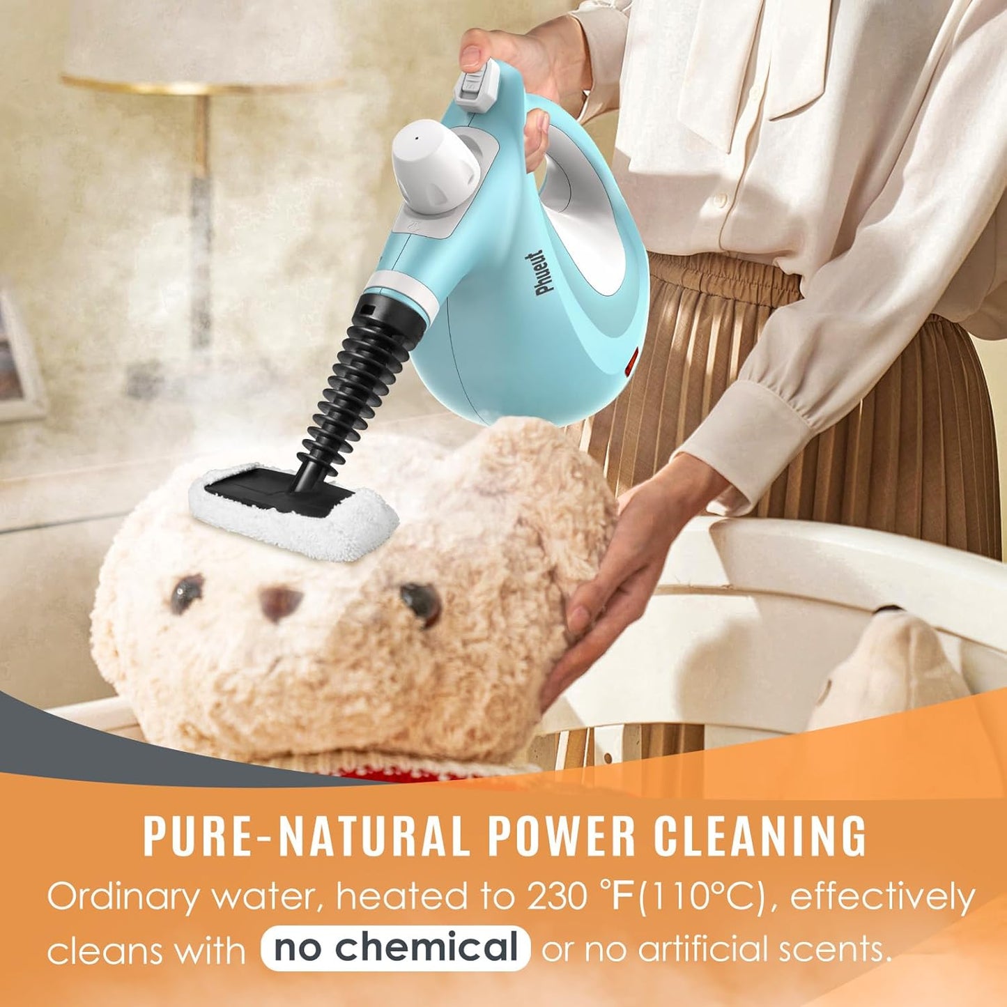 Pressurized Handheld Multi-Surface Natural Steam Cleaner with 12 pcs Accessories, Multi-Purpose Steamer for Home Use, Steamer for Cleaning Floor, Upholstery, Grout and Car (Blue)