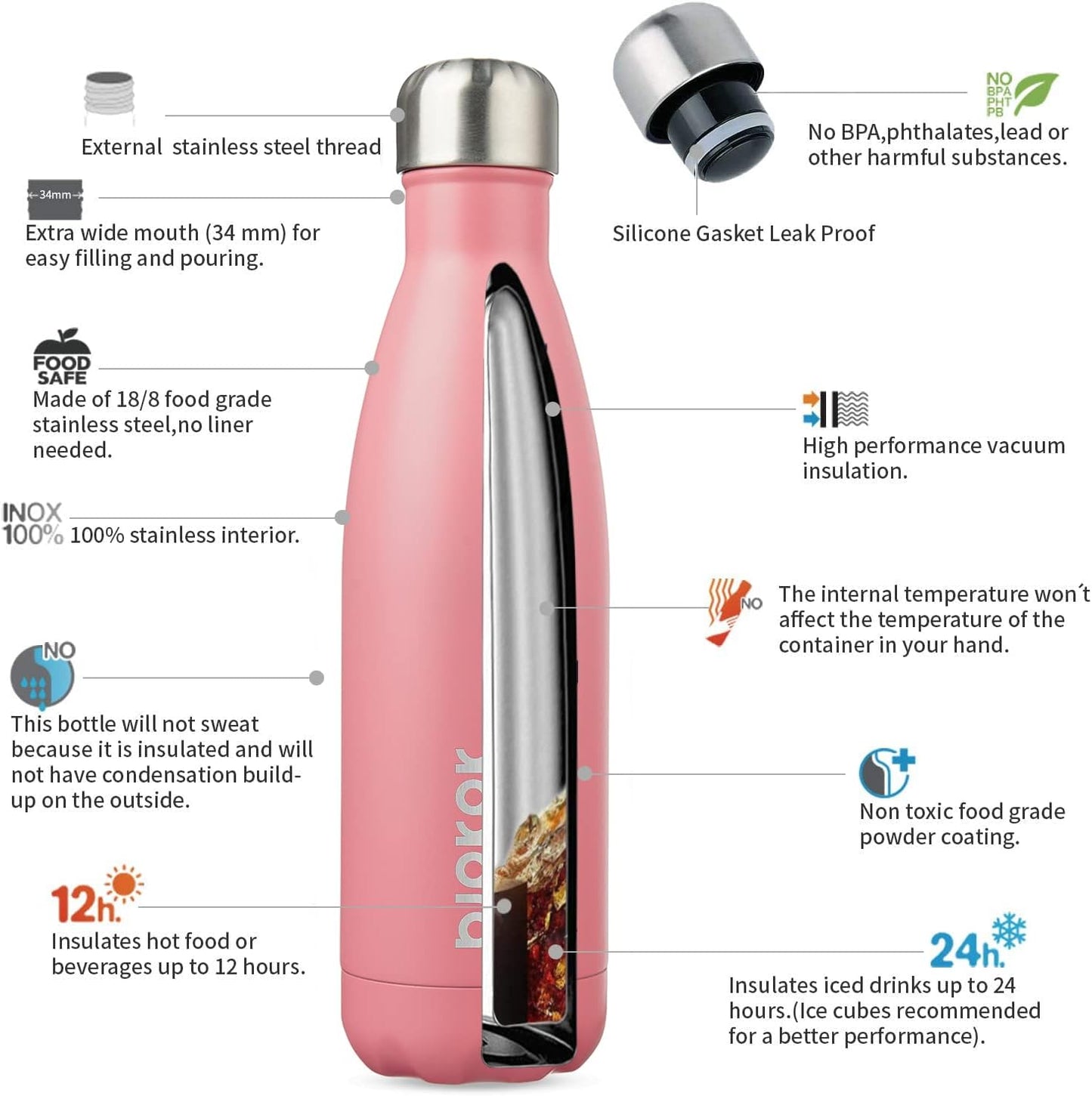 BJPKPK 17oz Insulated Stainless Steel Water Bottles,Sports Water Bottles Keep Cold for 24 Hours and Hot for 12 Hours,BPA Free for Travel,Light Pink
