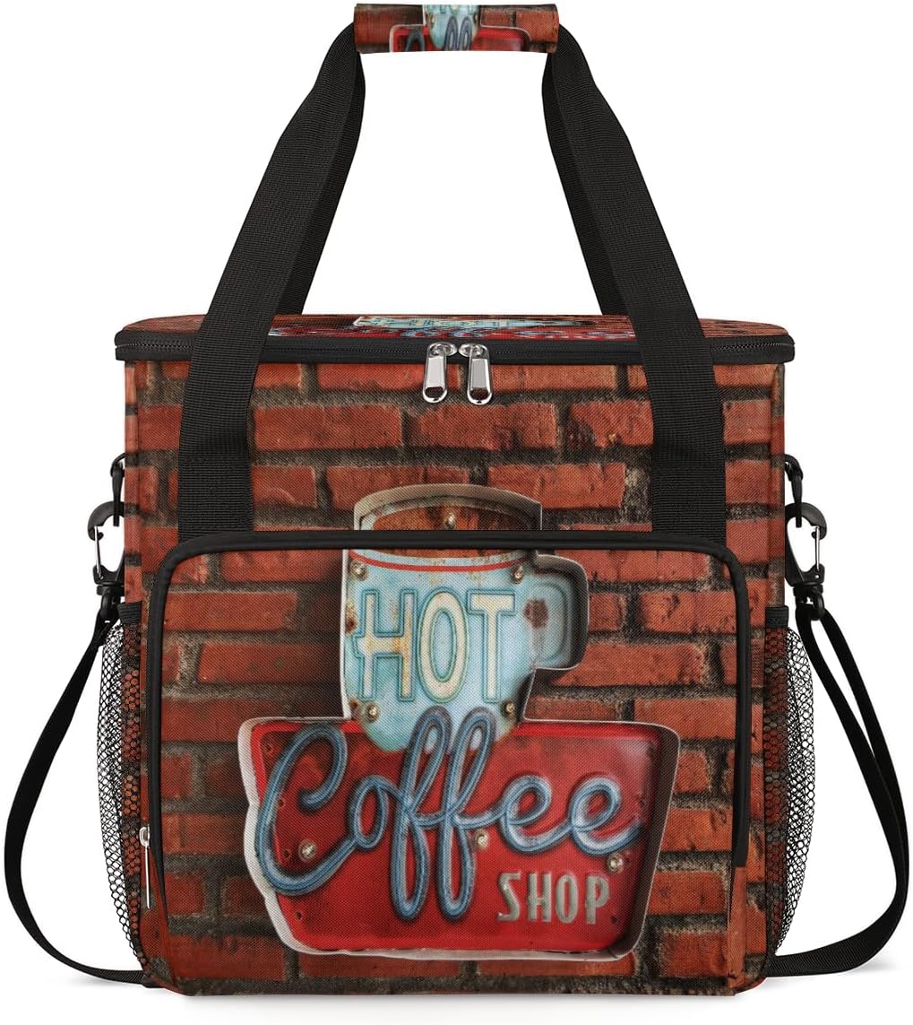 Vintage Red Brick Coffee Maker Carring Bag Travel Carrying Storage Tote Compatible with Keurig K-Mini or Plus Portable Single Serve Brewer Case Pockets for K-cup Pods