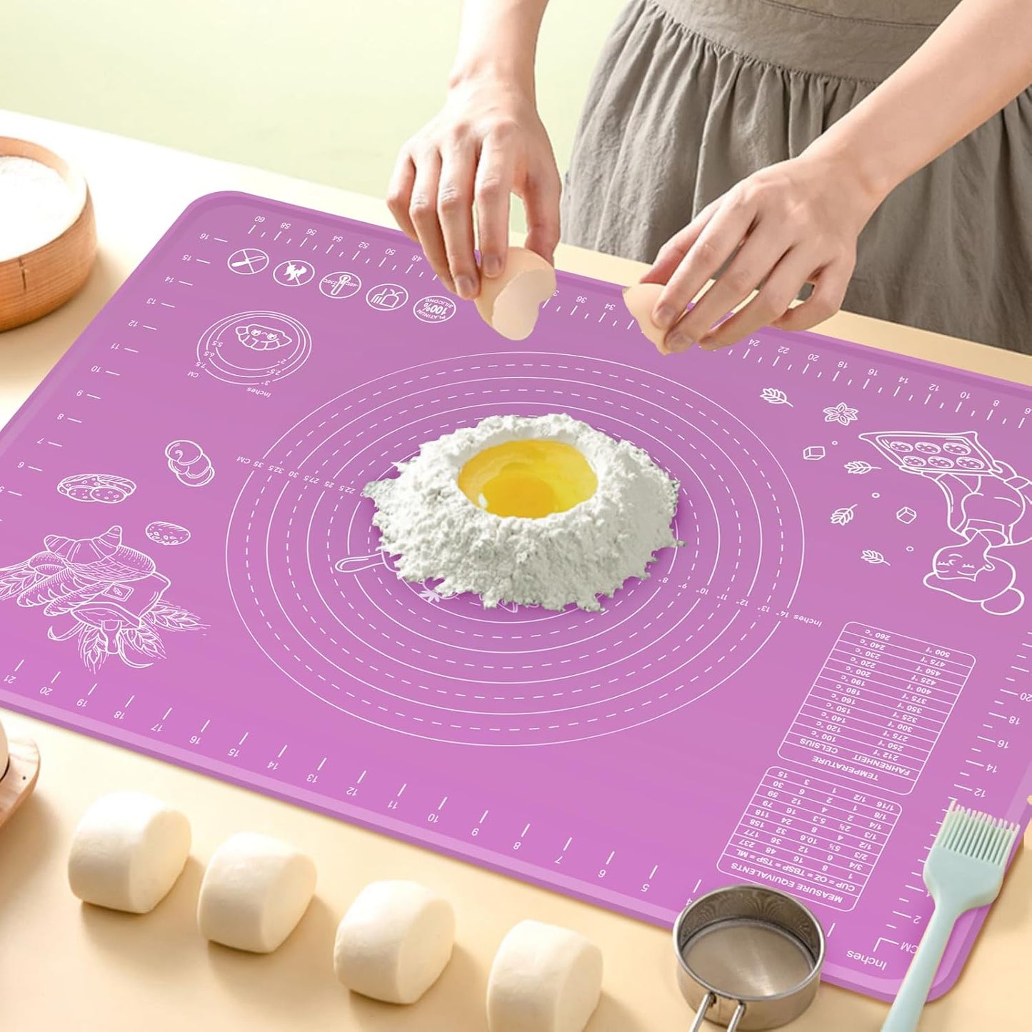 Silicone Baking Mat 32" x 24" Extra Thickness Dough Rolling Mat with Measurements and Edge Heightening, Non-stick Food Grade Silicone Pastry Mat for Pastry, Bread, Cookies, Pizza, Fondant, Pasta