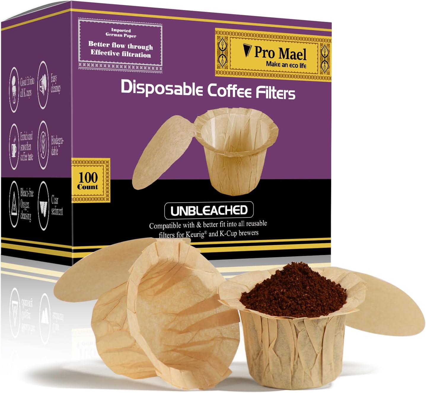 Pro Mael Disposable K Cup Filters with Lid, Coffee Filter Paper for Keurig Brewers Single Serve 1.0 and 2.0, Use with Reusable K Cup Pods (100 Count, Natural Unbleached)