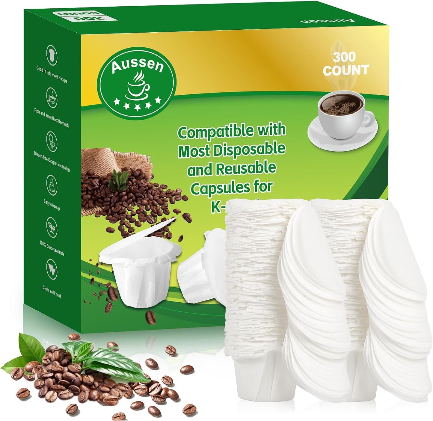 Aussen Disposable Coffee Paper Filters Replacement Kerig Filter Fit All Keurig Single Serve Filter Brands Compatible with Reusable Single Serve Pods Keurig Coffee Maker (White with Lid, 300pcs)