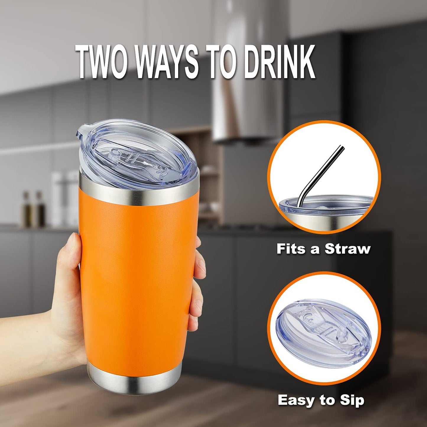 COMOOO 20oz 8 Pack Tumbler Double Wall Vacuum Insulated Coffee Travel Mug Stainless Steel Tumbler Bulk with Lid and Straw Insulated Coffee Cup for Cold & Hot Drinks (Orange, 8 Pack)