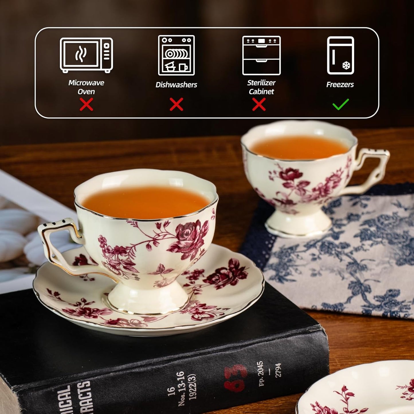 KAMMAK Tea Cups and Saucers Set of 2, Porcelain Coffee Cups, 6.8-Ounce Stackable Espresso Mugs, Ceramic Demitasse for Coffee, Latte, Americano, Tea, Red Orchid