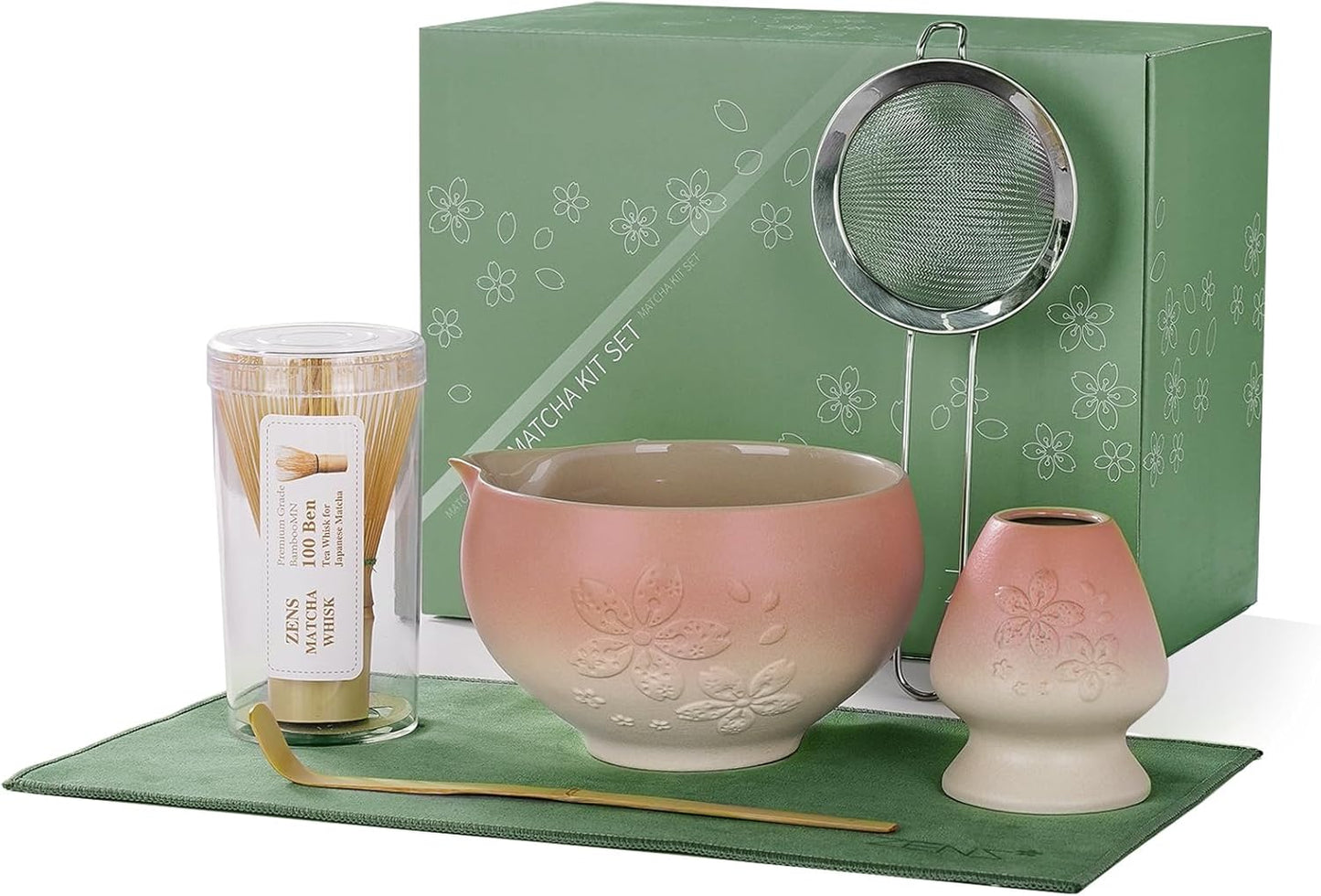 ZENS Matcha Whisk Set, Pink Ceramic Matcha Bowl with Embossed Sakura, 6pcs Matcha Tea Kit Includes Bamboo Whisk, (Chasen Holder) Scoop & Sifter, Tea Towel for Matcha Ceremony, Pink