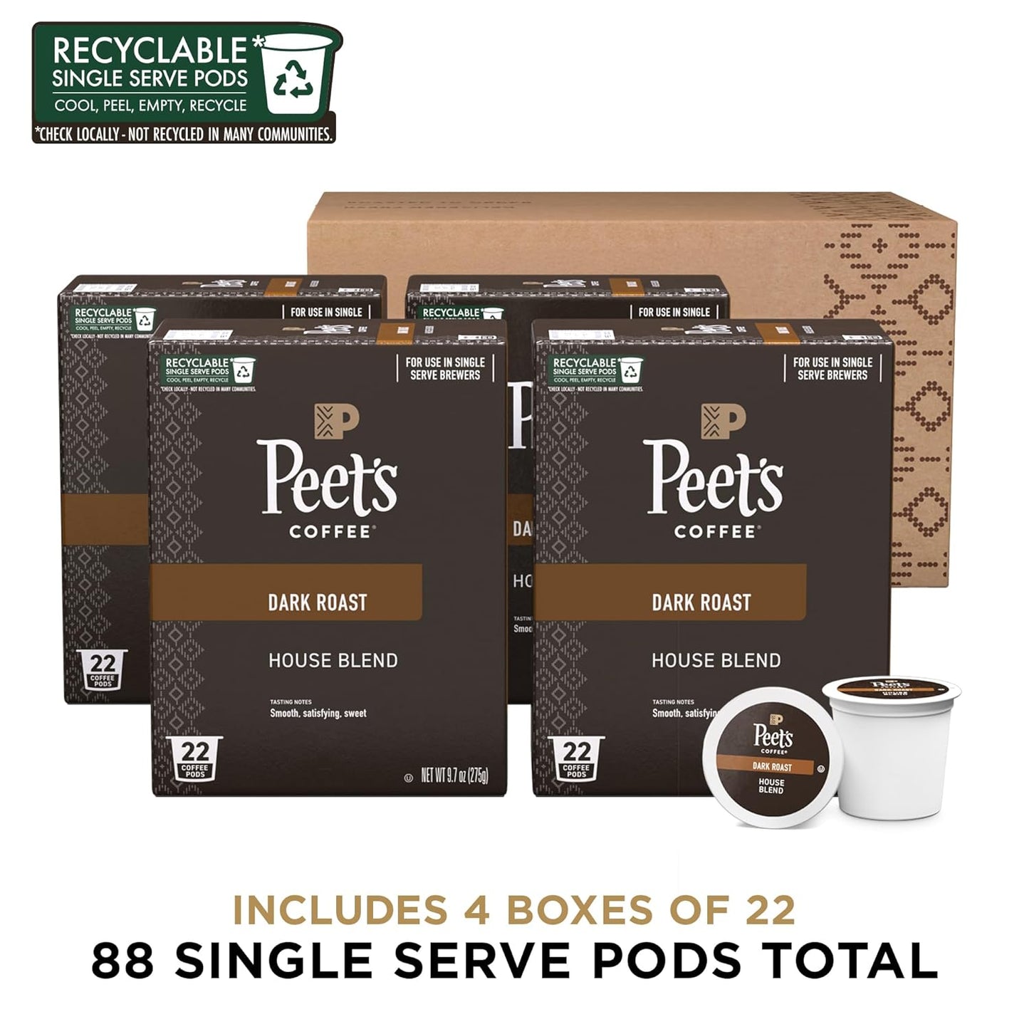 Peet's Coffee, Dark Roast Single Serve Coffee Pods - House Blend 88 Count (4 Boxes of 22 Pods)