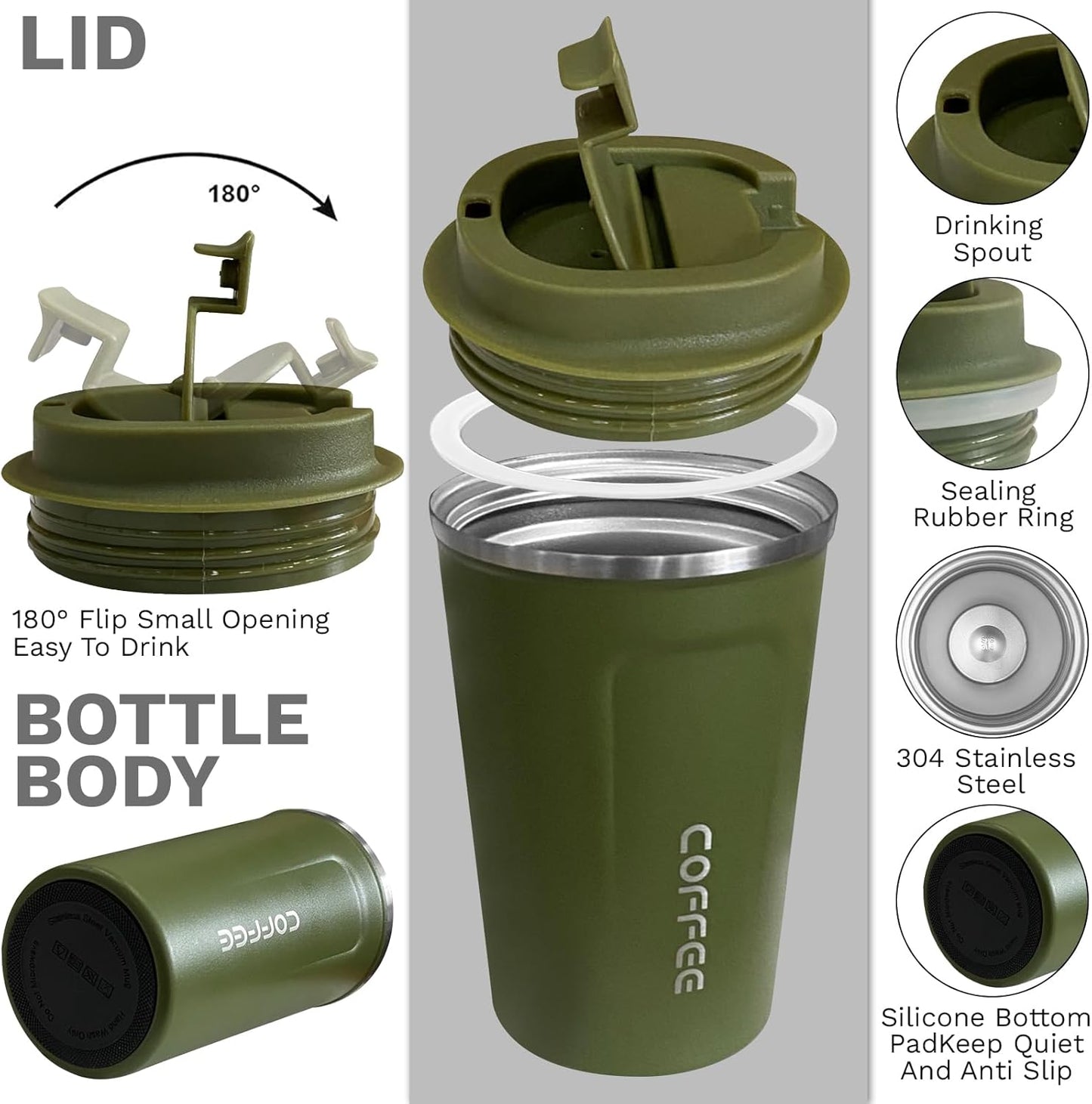 YINBAOGE Insulated Travel Coffee Mug Spill Proof Leak Proof Pobtable To Go Camping Stainless Steel Coffee Tumbler Reusable Coffee Cups with Lids Thermos for Hot and Cold Drink (2nd-Green, 17 OZ)