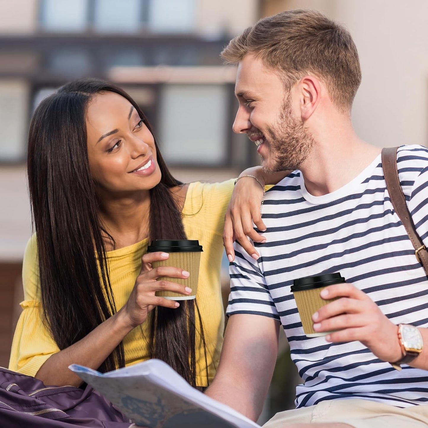 Uiifan 100 Set 4oz Disposable Espresso Cups with Lids Ripple Corrugated Paper Disposable Coffee Insulated Hot Ripple Cups for hot Chocolate, Tea, and Cocoa Drinks(Kraft Paper Color)