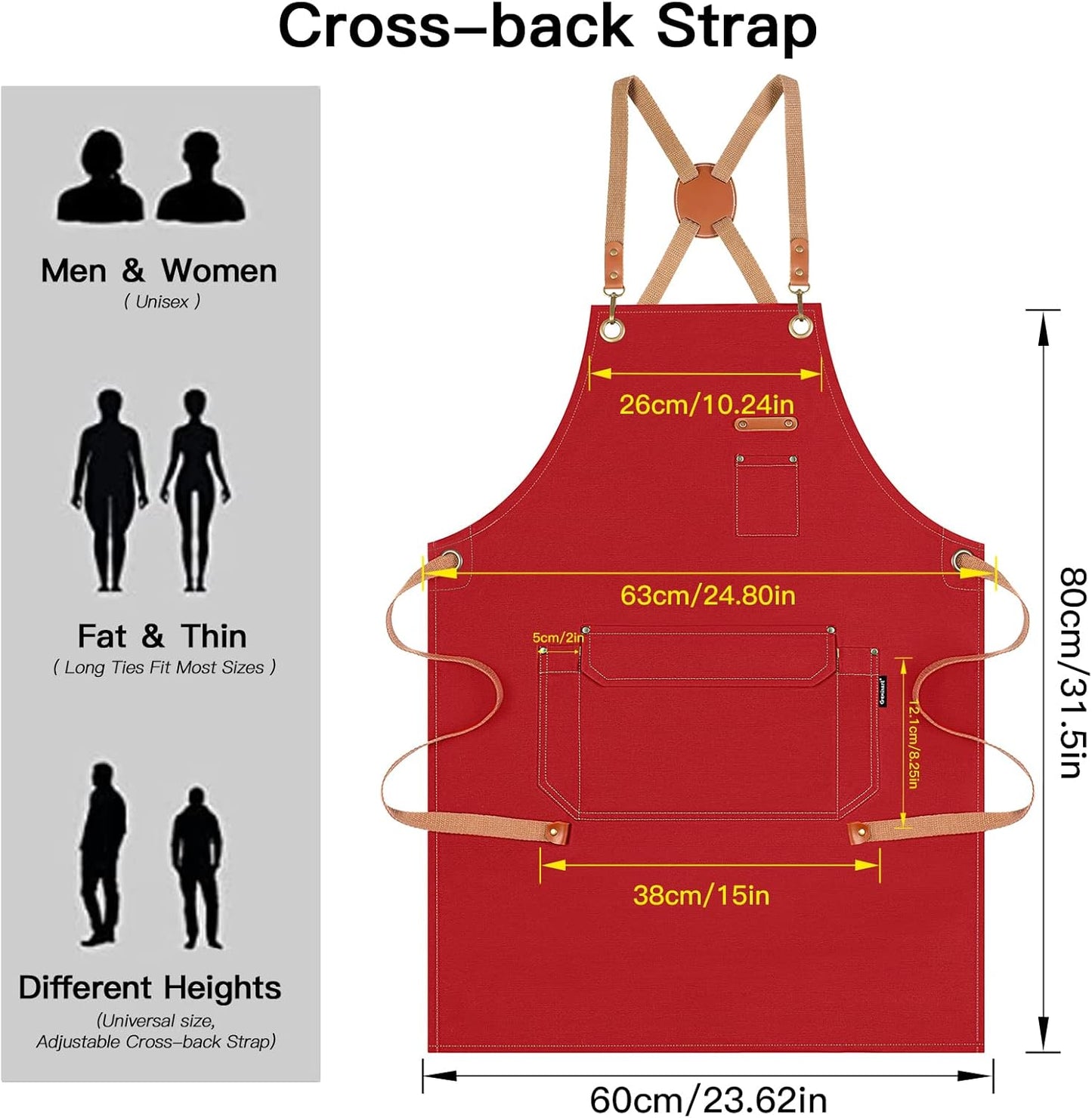 Genixart 6 Bulk Pack Chef Apron for Men Women with Pockets, Cross Back Apron for Kitchen Cooking Baking Artist Painting, Cotton Canvas Work Aprons for Restaurant, Cafe Shop, Garden (Red, M to XXL)