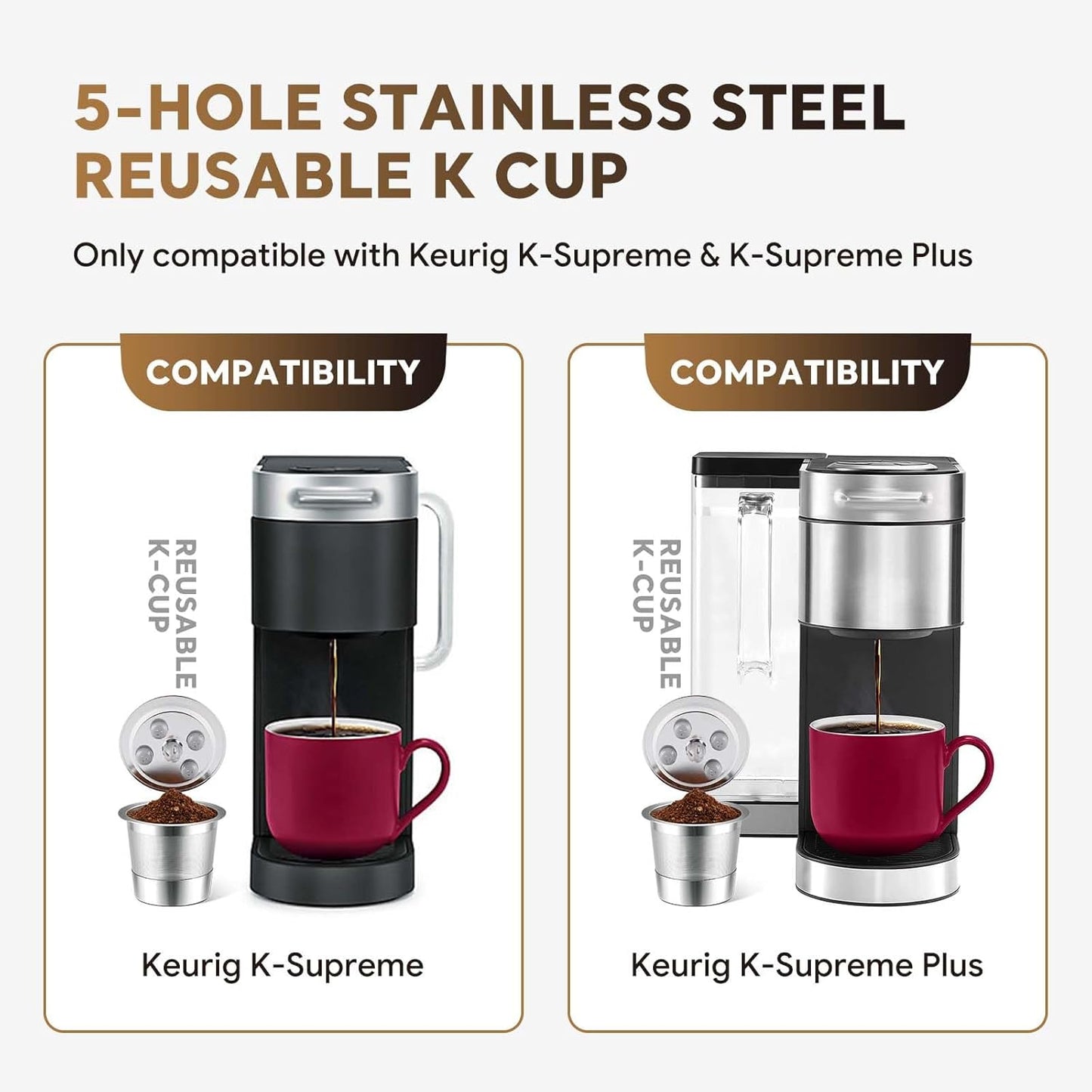 Stainless Steel Reusable K Cups for K eurig Supreme & Supreme Plus, Reusable K Cups Five Hole Universal K-eurig Refillable Coffee Pod Filter (2 Pack)