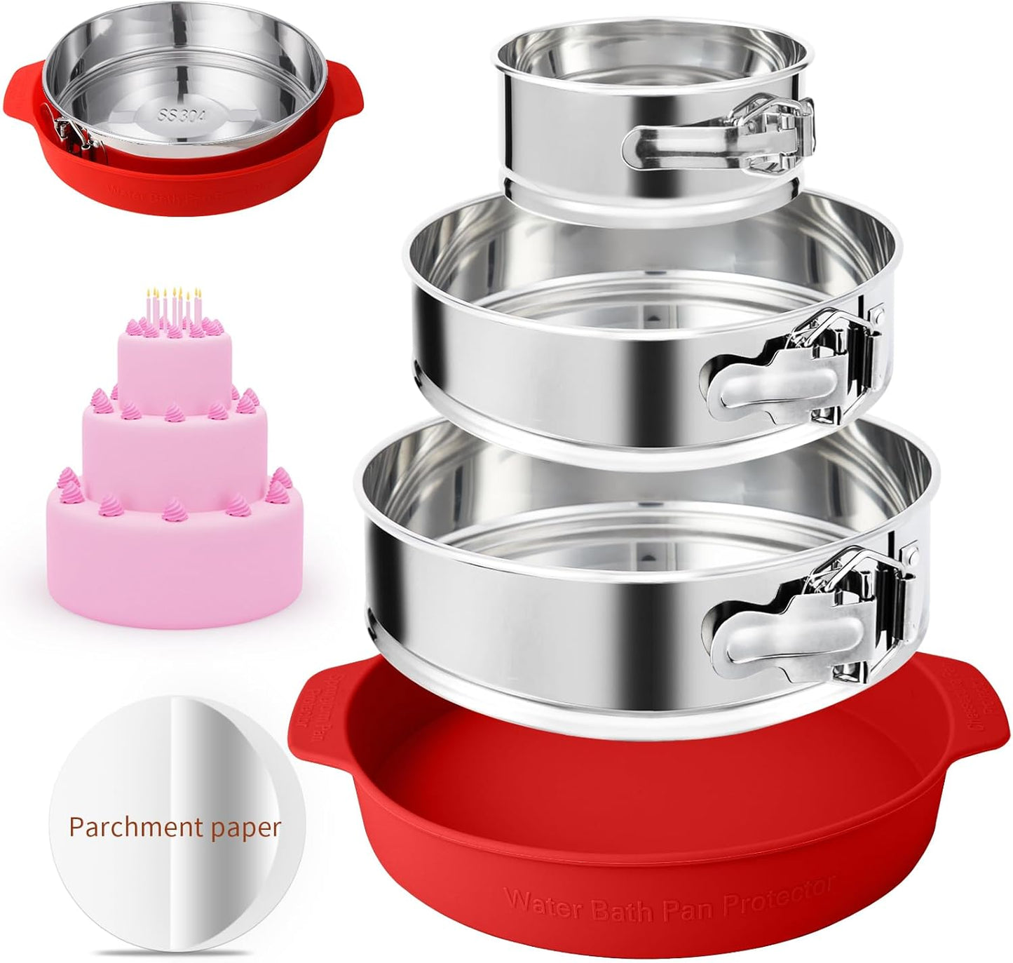 4, 7, 9 Inches Springform Pan Set - 304 Stainless Steel Nonstick Springform Cake Pan Set with Removable Bottom, 10 Inch Leakproof Silicone Cheesecake Pan Protector with 60 Pcs Parchment Paper