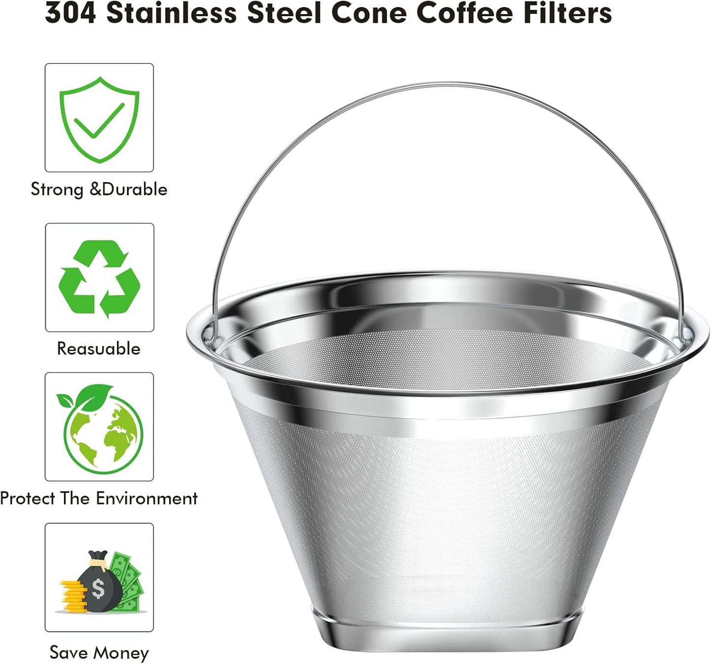 Stainless Steel Reusable Coffee Filter Compatible with Ninja Coffee Maker, 4 Cone Coffee Filters Coffee Basket, Permanent Coffee filters fit for Ninja CFP201 CFP300