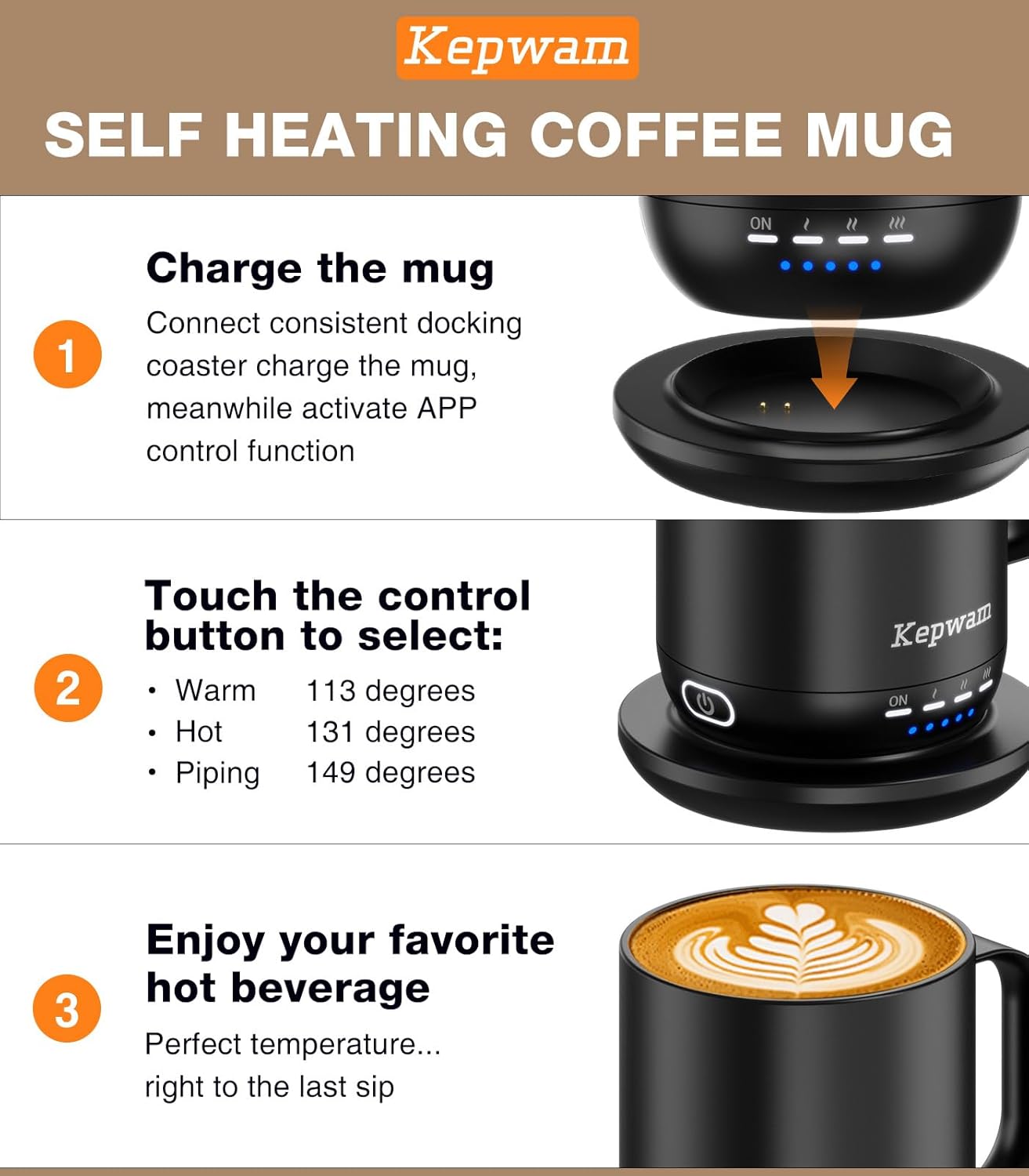 Heated Coffee Mug T1-14oz Fast Heating & Longer Battery Life Self Heating Coffee Mug Hot to 149℉ - Touch & App Controlled Mug Coffee and Hot Beverage Warmer, Gifts for Women and Men