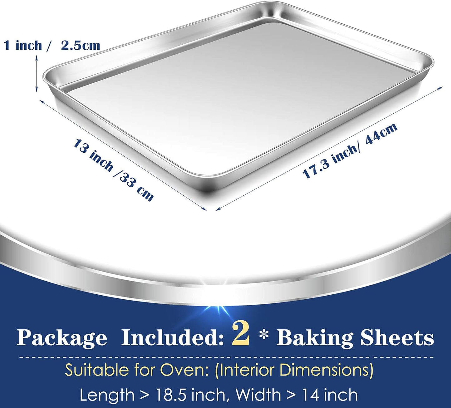 P&P CHEF 17.3 Inch Baking Cookie Sheet, Oven Pan Tray Stainless Steel Sheet Pan for Kitchen, Oven Bakeware for Multi Uses, Shiny Look & Dishwasher Safe, Healthy & Heavy Duty, 2Pcs