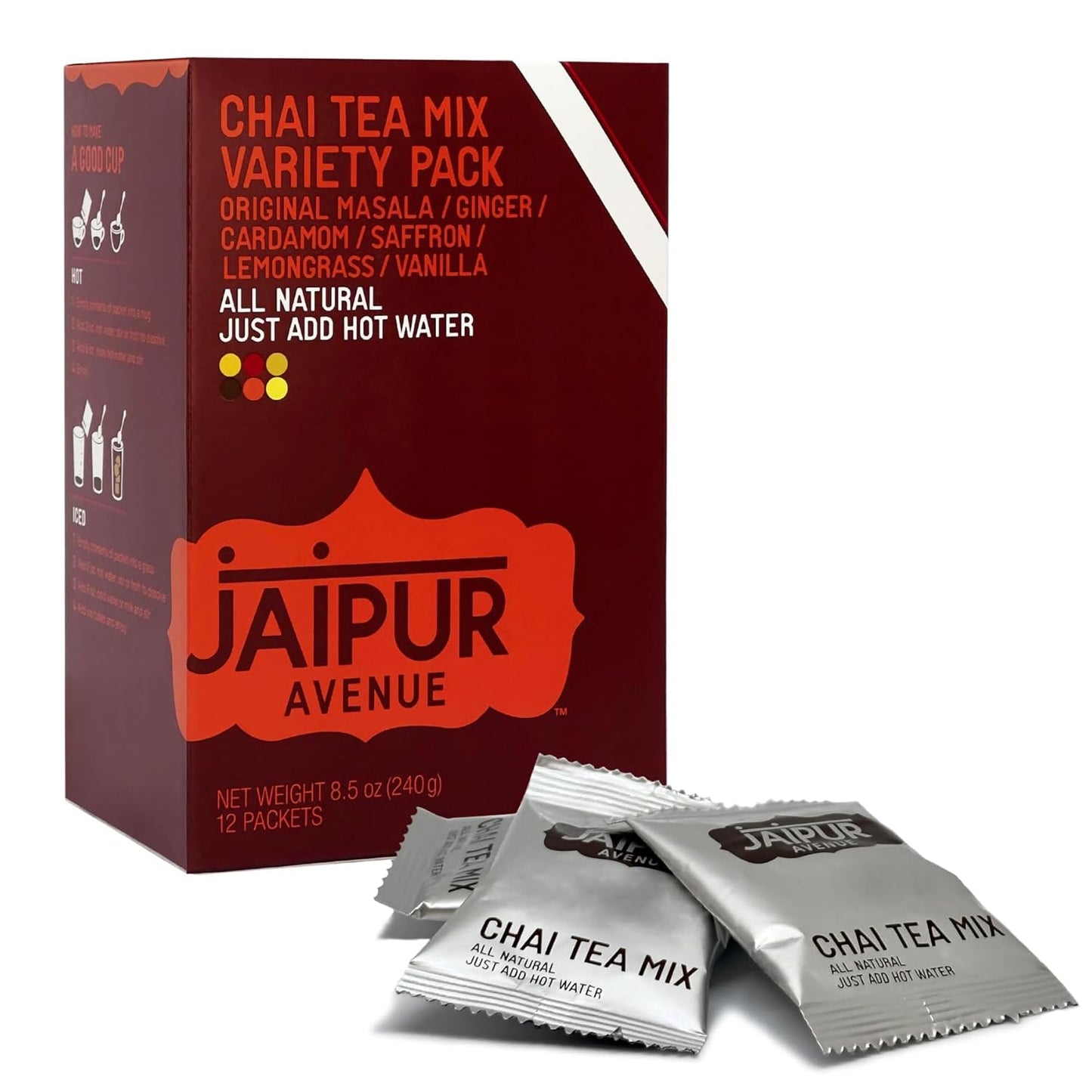 Jaipur Avenue Variety Chai Tea Mix Crafted with All-Natural Assam Black Tea, Cardamom, Cane Sugar, and Premium Dry Milk - Preservative-Free, Gluten-Free, Authentic Indian Chai Tea Latte - (12 Count)