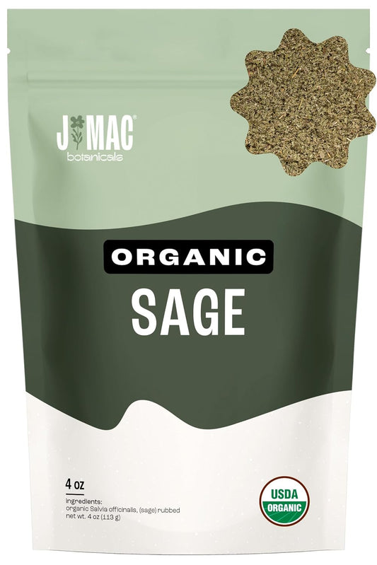 J Mac Botanicals, Organic Rubbed Sage (4 oz), Certified USDA Organic, Dried Rubbed Sage Leaf. Culinary Grade-excellent for sausage making, fresh Albanian harvest