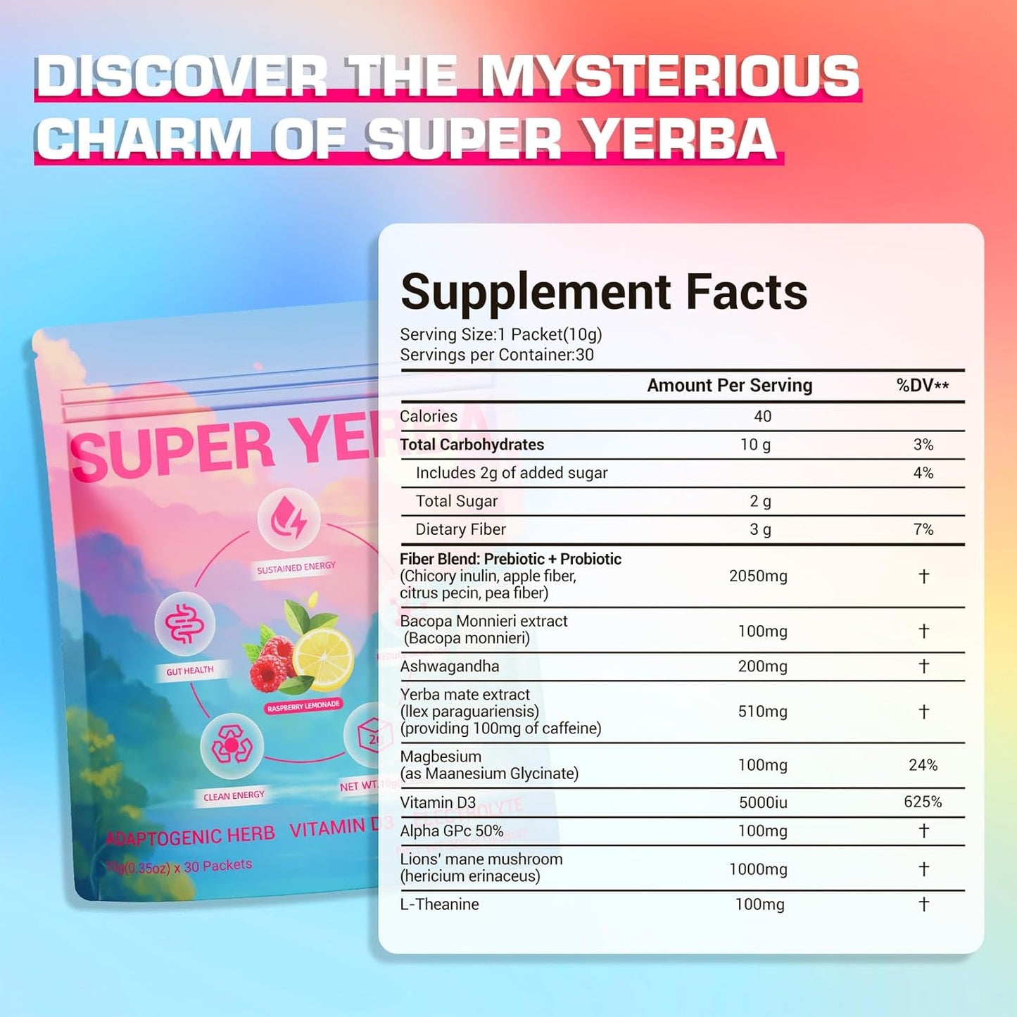 Super Yerba Mate Instant Tea Powder with Prebiotics & Probiotics - Raspberry Lemonade Flavor for Gut Health & Digestion, Natural Energy & Focus Boost, Antioxidant Rich Superfood, 30 Servings