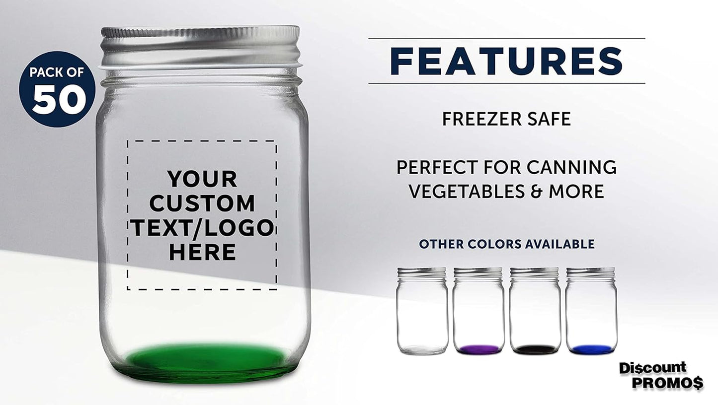 DISCOUNT PROMOS 50 Decorating Mason Jars Set, 12 oz. - Customizable Text, Logo - Canning, Aluminum Lid - Green