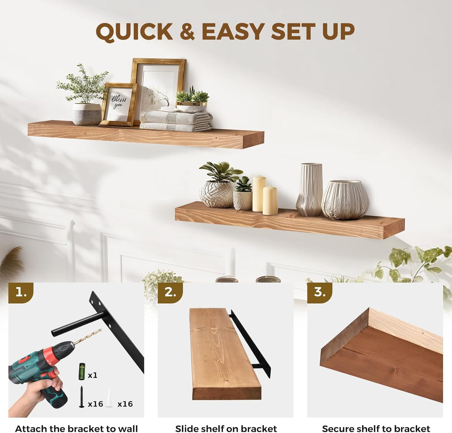 36x8x1.6 inch Floating Shelves Set of 2 – Solid Wood Rustic Oak Wall Mounted Shelf for Kitchen, Bathroom, Living Room