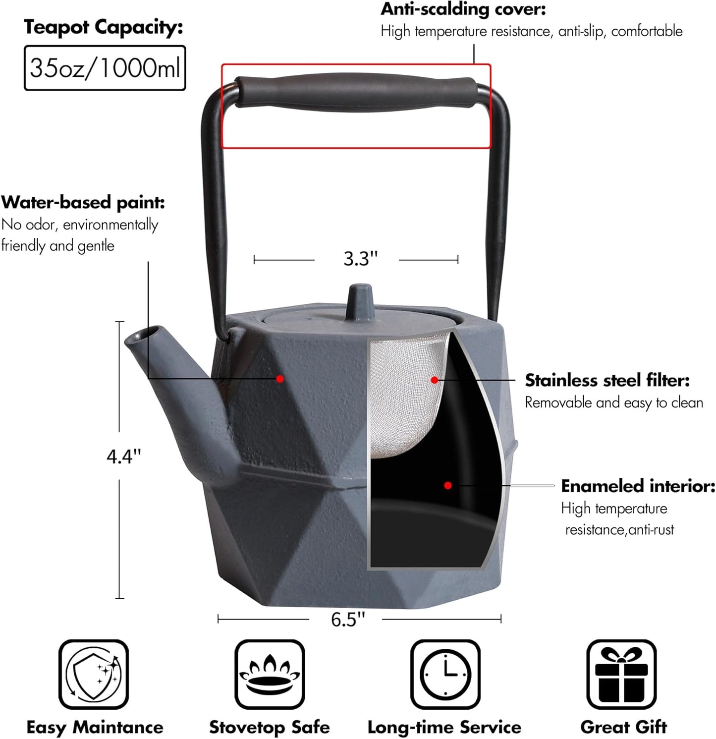 Cast Iron Teapot, 35oz Tea Kettle Stovetop Safe with Infuser for Tea Coffee, Japanese Minimalist Diamond Pattern Tea Pot with Enameled Interior, 1000ml Grey