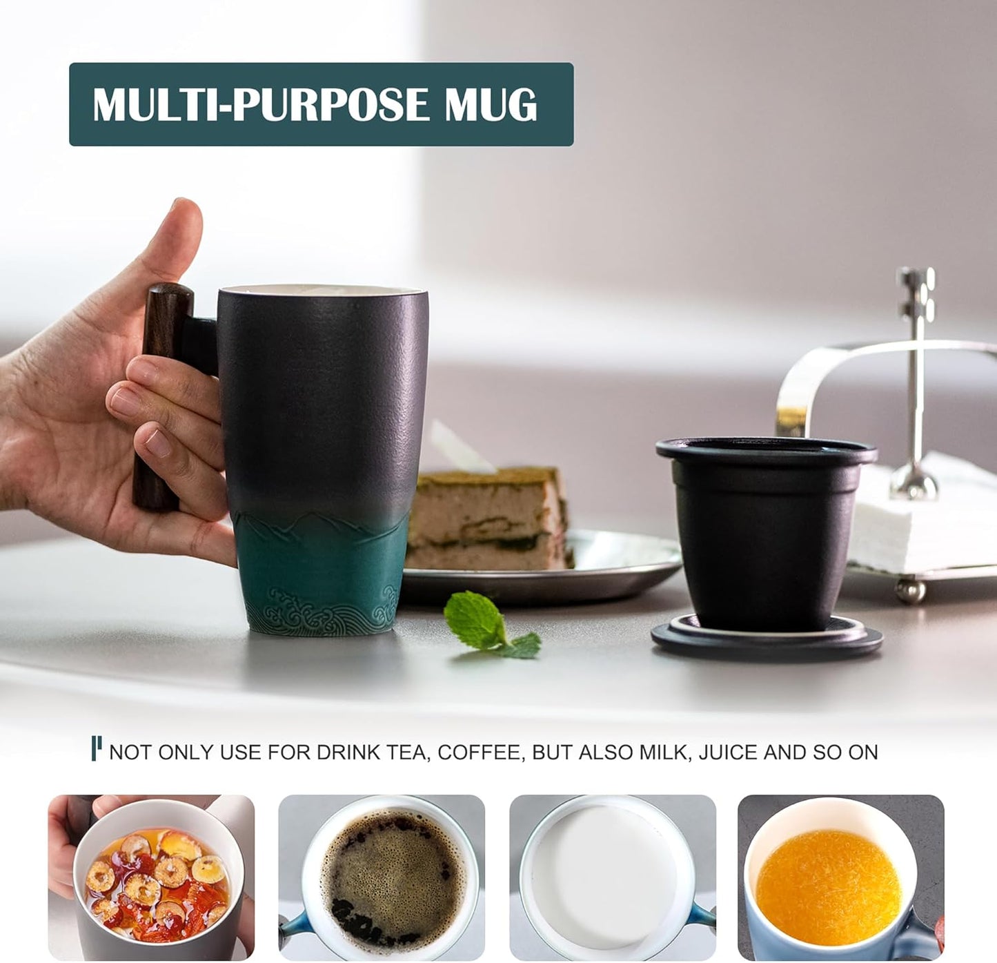 suyika Ceramic Tea Cup with Infuser and Lid Tea Mugs Wooden Handle 400ml/13.5oz Dark Green