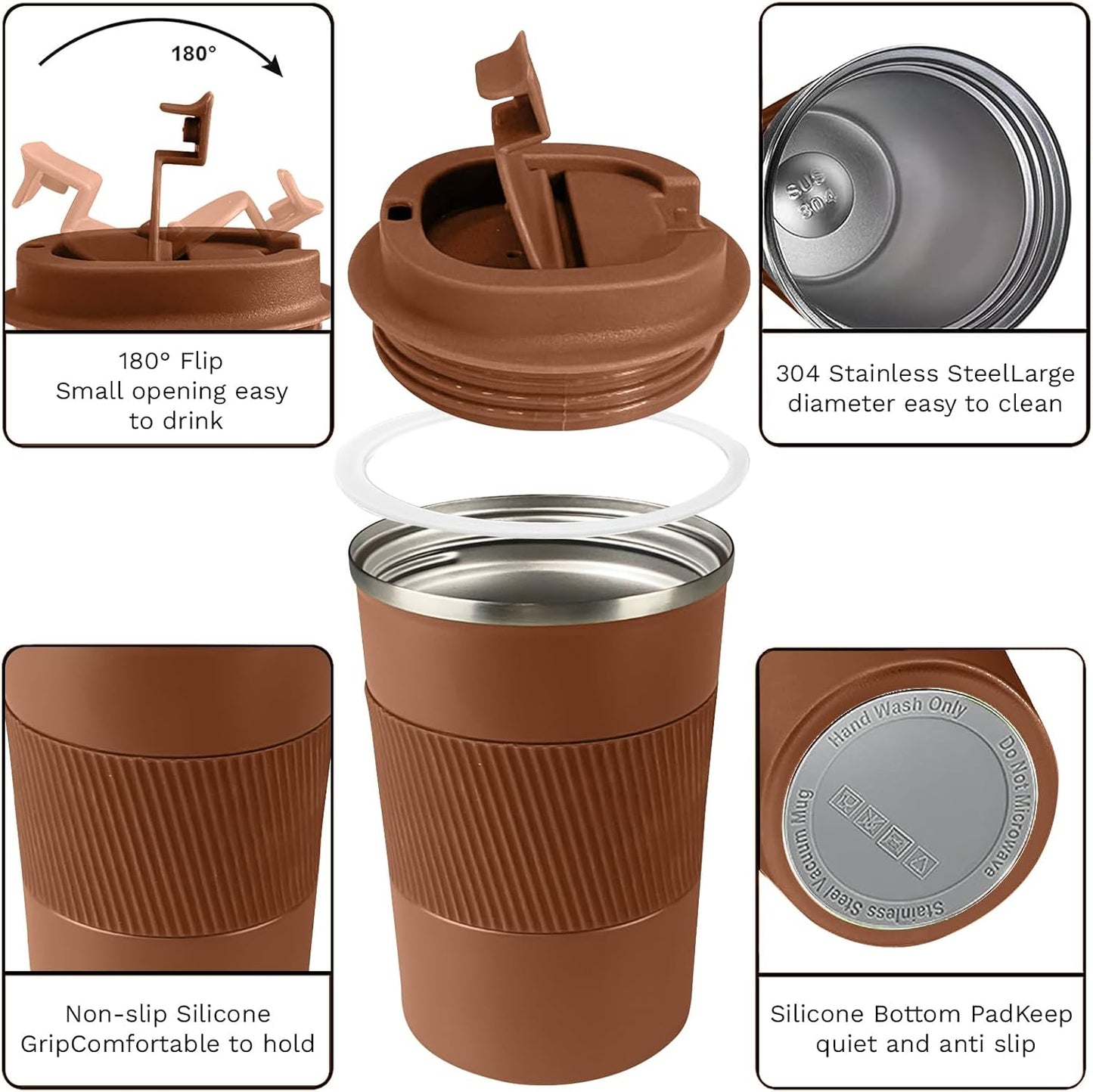 YINBAOGE Insulated Travel Coffee Mug Spill Proof Leak Proof Pobtable To Go Camping Stainless Steel Coffee Tumbler Reusable Coffee Cups with Lids Thermos for Hot and Cold Drink (Brown, 17 OZ)