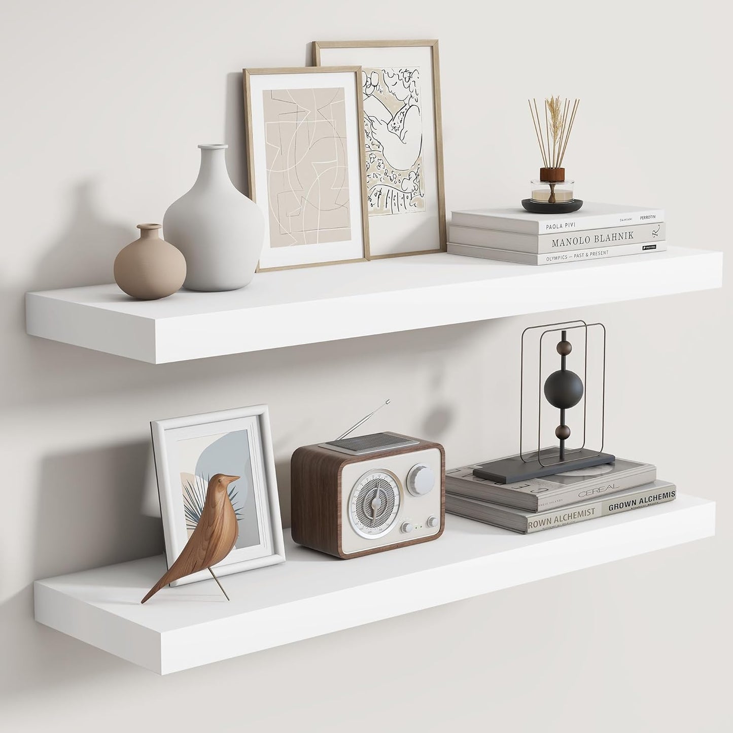 Fun Memories Rustic Floating Shelves for Home Decor, 8 Inch Deep Floating Shelf, Solid Wood Floating Wall Shelves 30 Inch Long, Deep Wall Shelves for Bathroom, Living Room, White Finsh, Set of 2